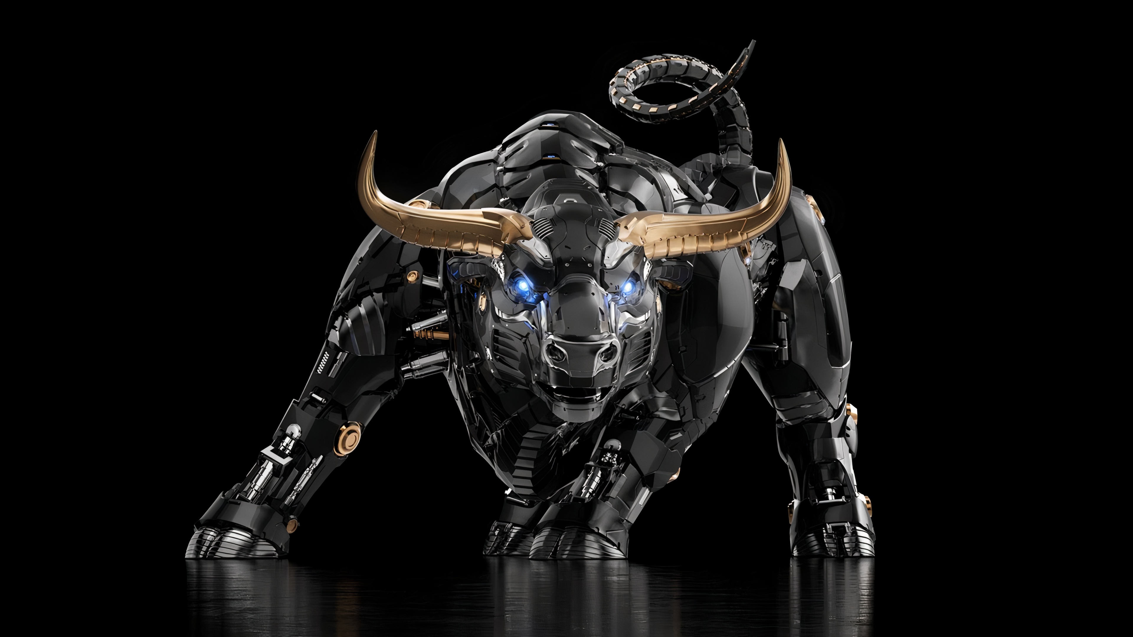 4K robotic bull with golden horns HD Wallpaper