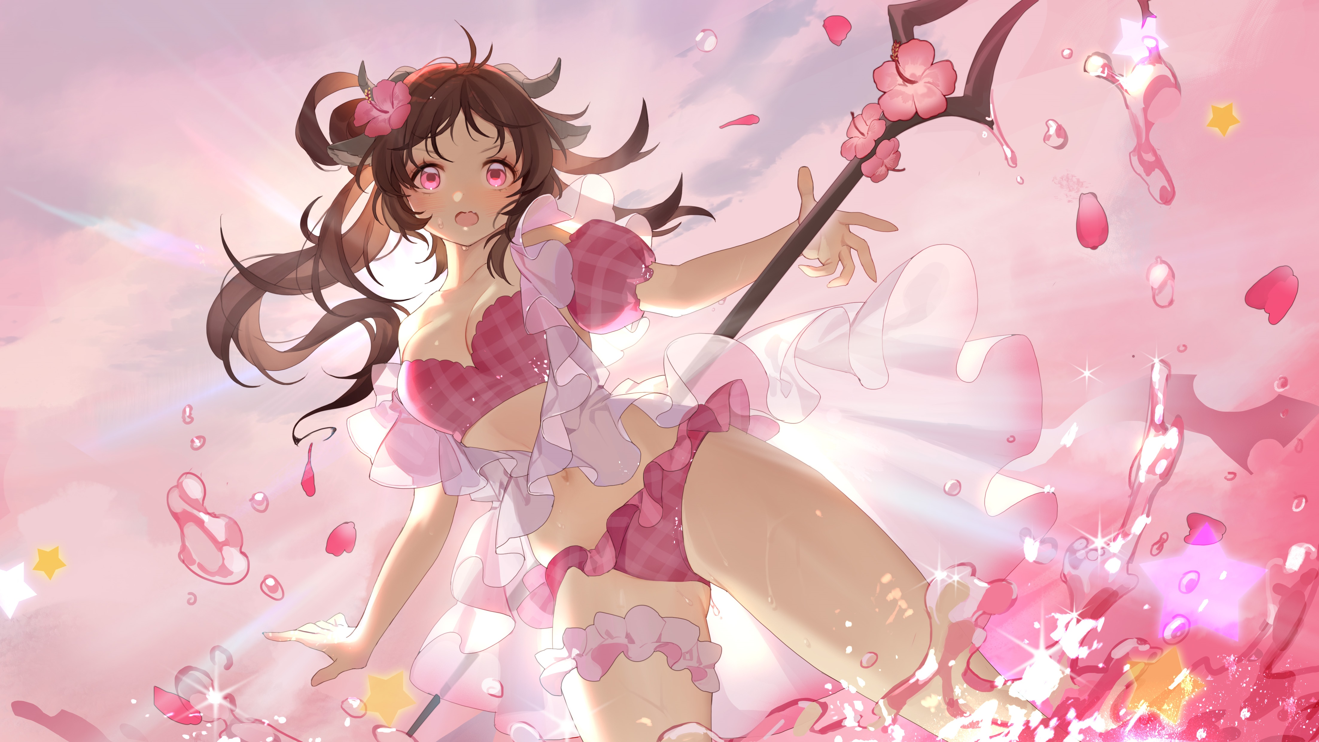 Arknights Eyjafjalla in a pink bikini with cherry blossoms HD Wallpaper