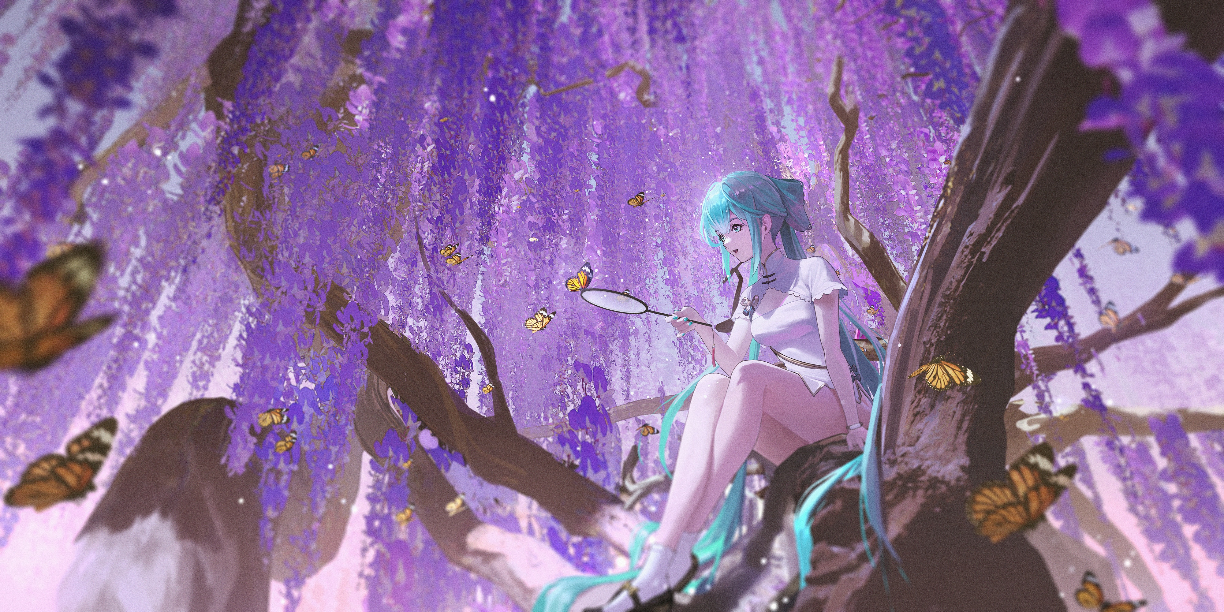 Hatsune Miku in a Chinese dress with butterflies HD Wallpaper