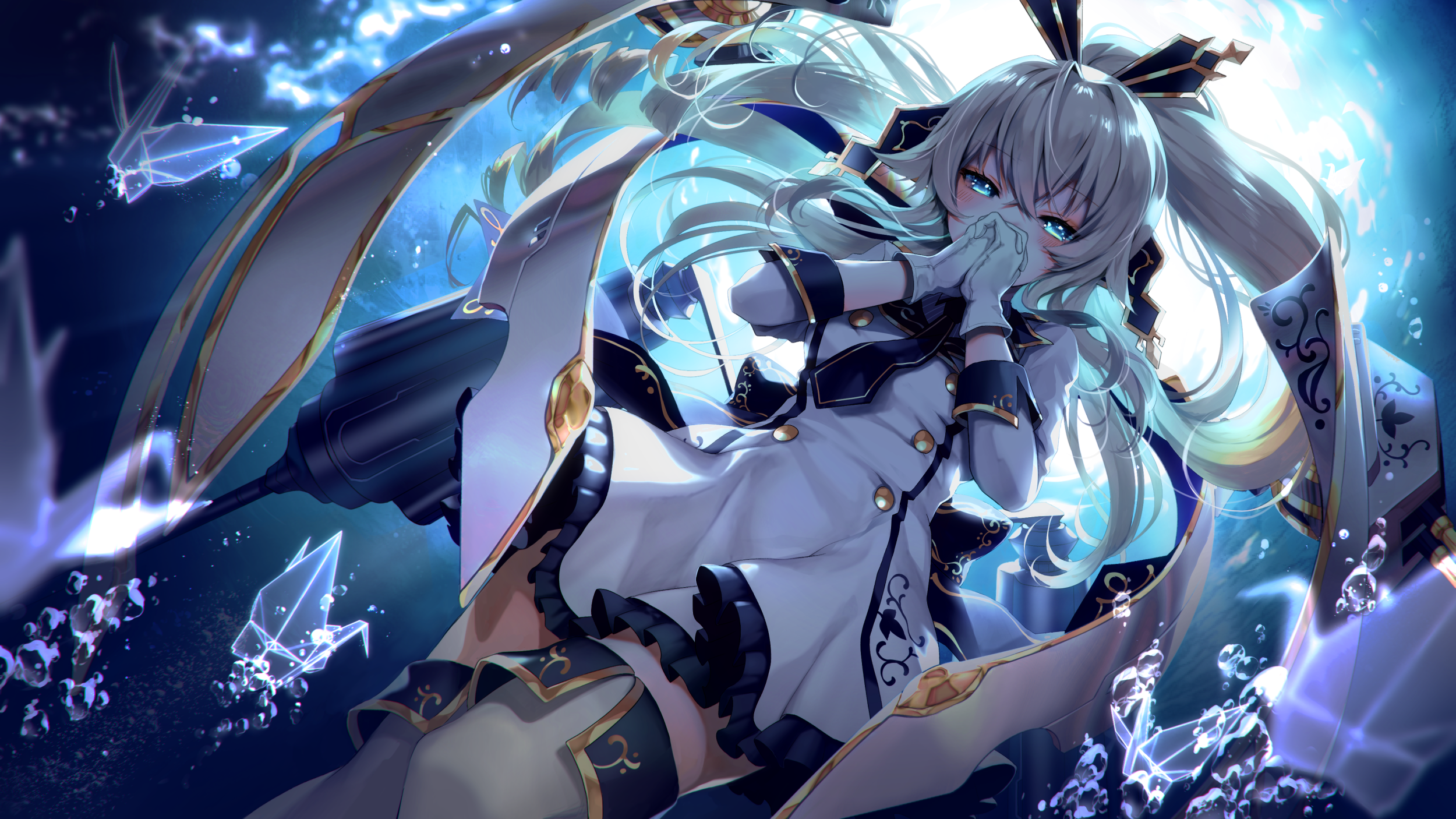 Anime girl in white uniform with blue accents HD Wallpaper