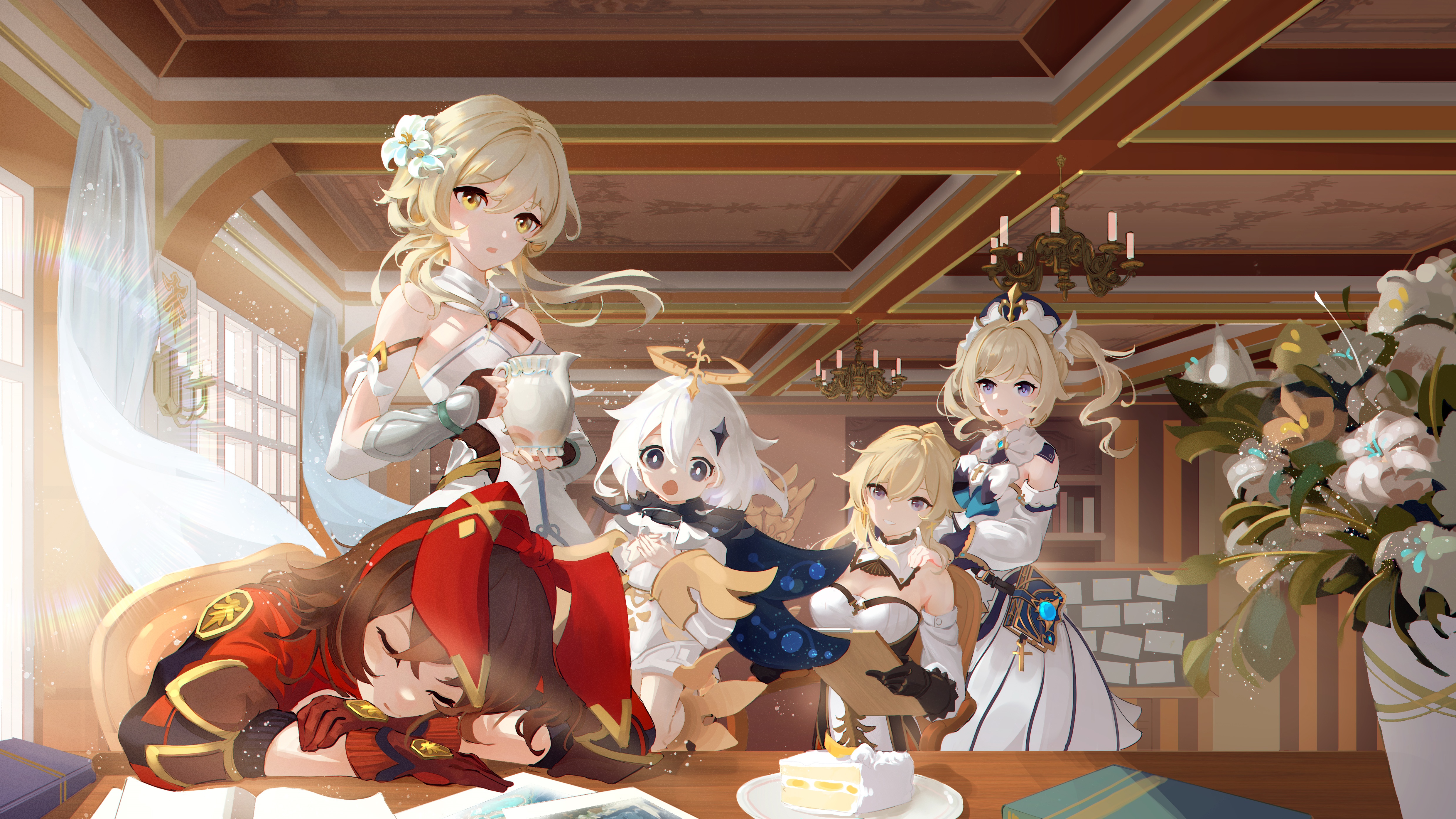 Genshin Impact: Amber, Paimon, Lumine, and Barbara in a room HD Wallpaper