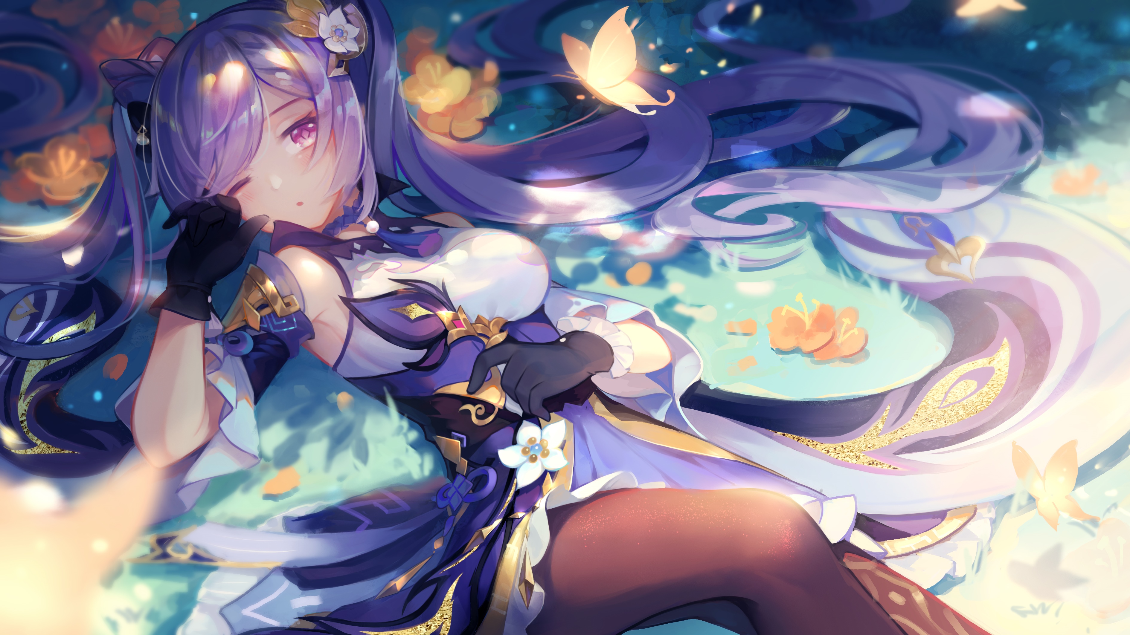 Keqing from Genshin Impact with butterflies HD Wallpaper