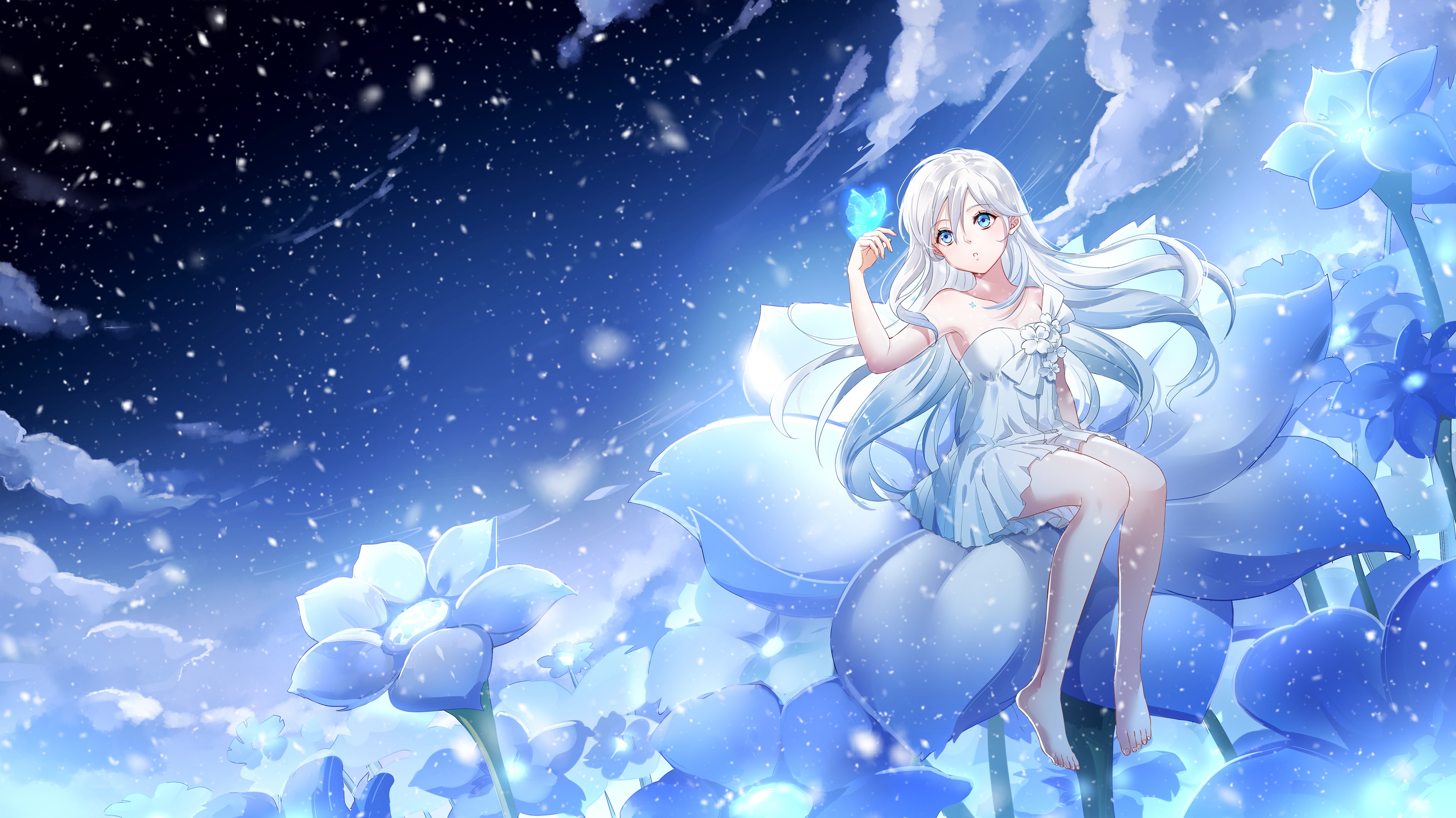 Girl with silver hair and blue eyes sitting on a flower HD Wallpaper