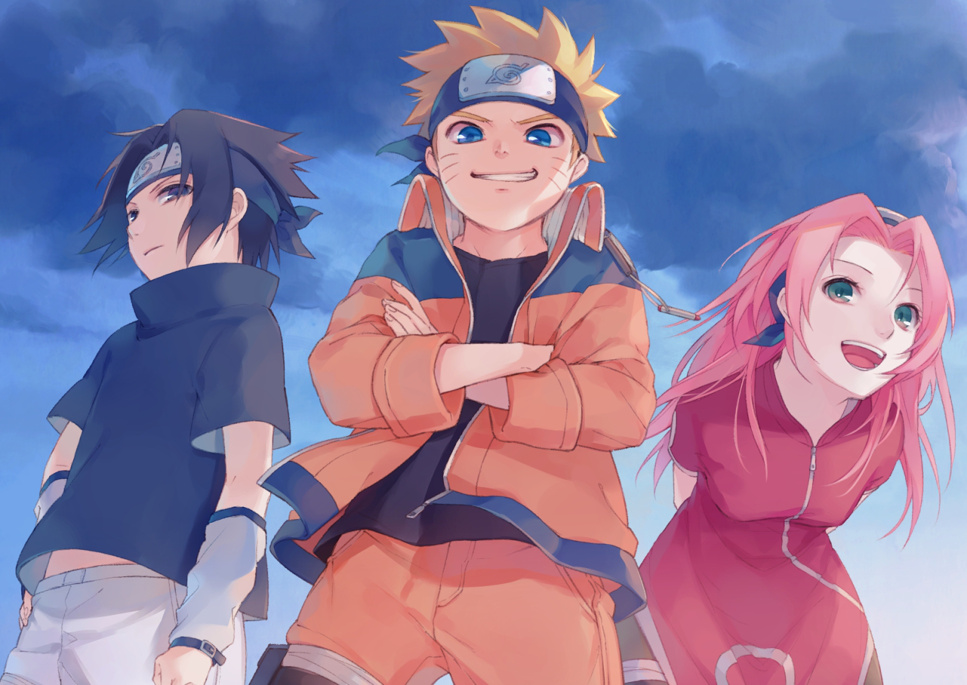 Naruto, Sasuke, and Sakura under a cloudy sky HD Wallpaper