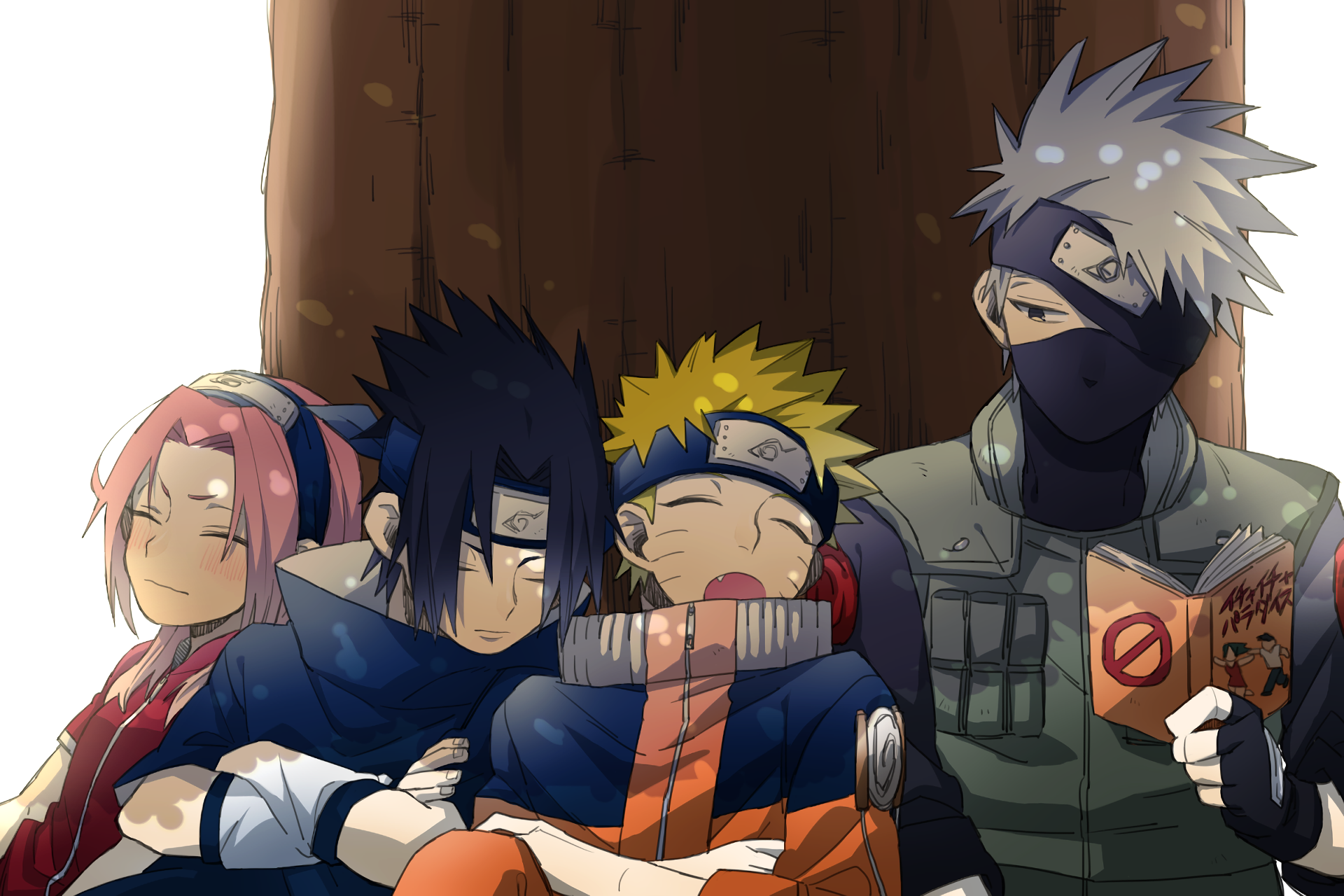 Naruto, Sasuke, Sakura, and Kakashi resting HD Wallpaper