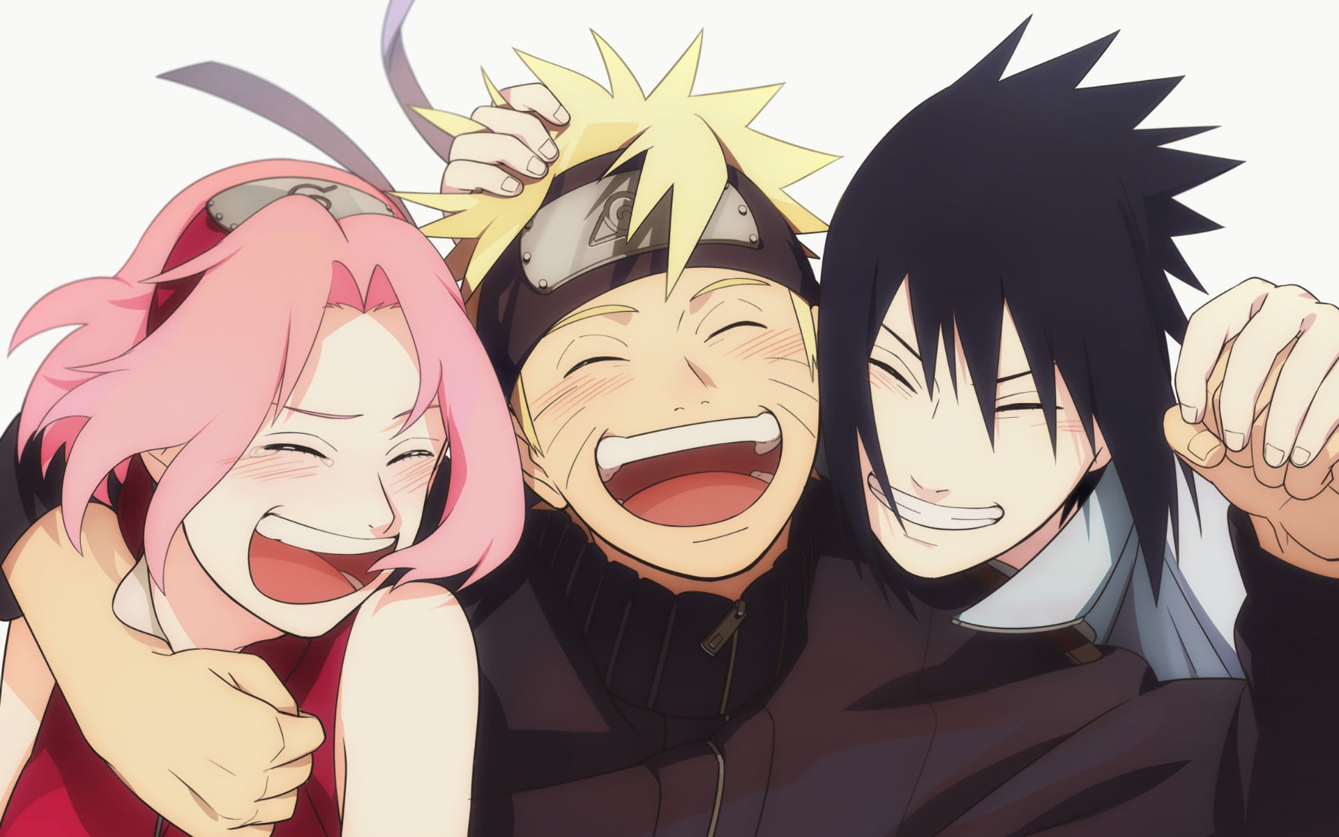 Naruto, Sasuke, and Sakura smiling together HD Wallpaper