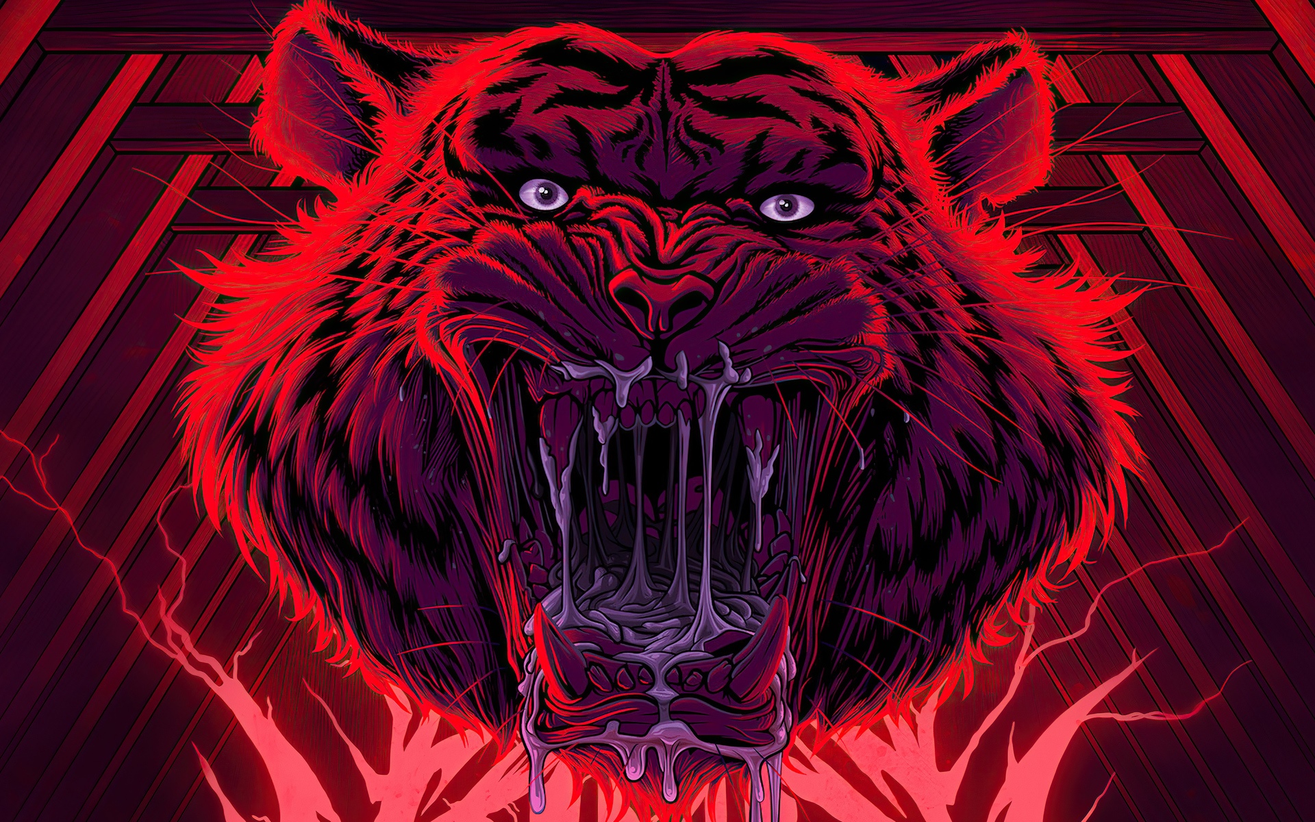 A terrifying tiger with glowing red eyes and dripping saliva HD Wallpaper