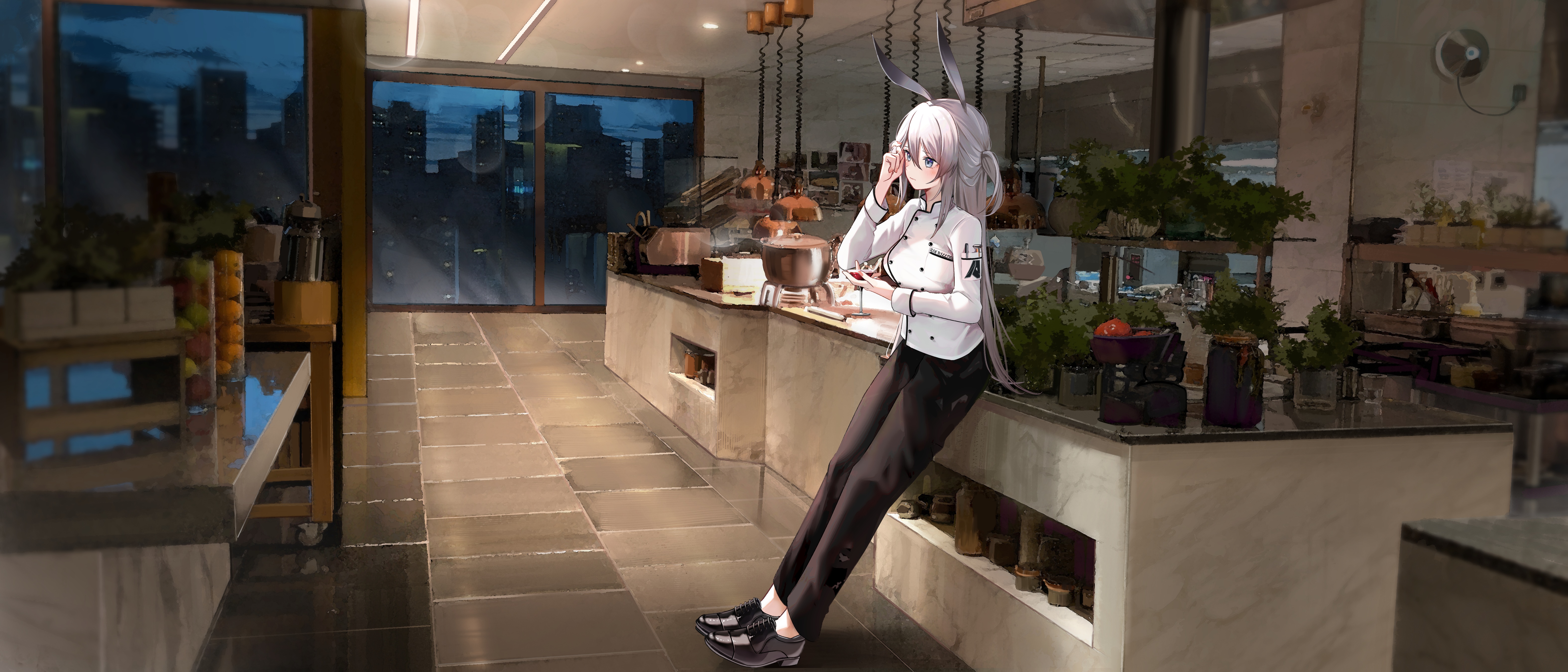 Anime girl in chef uniform in a kitchen HD Wallpaper