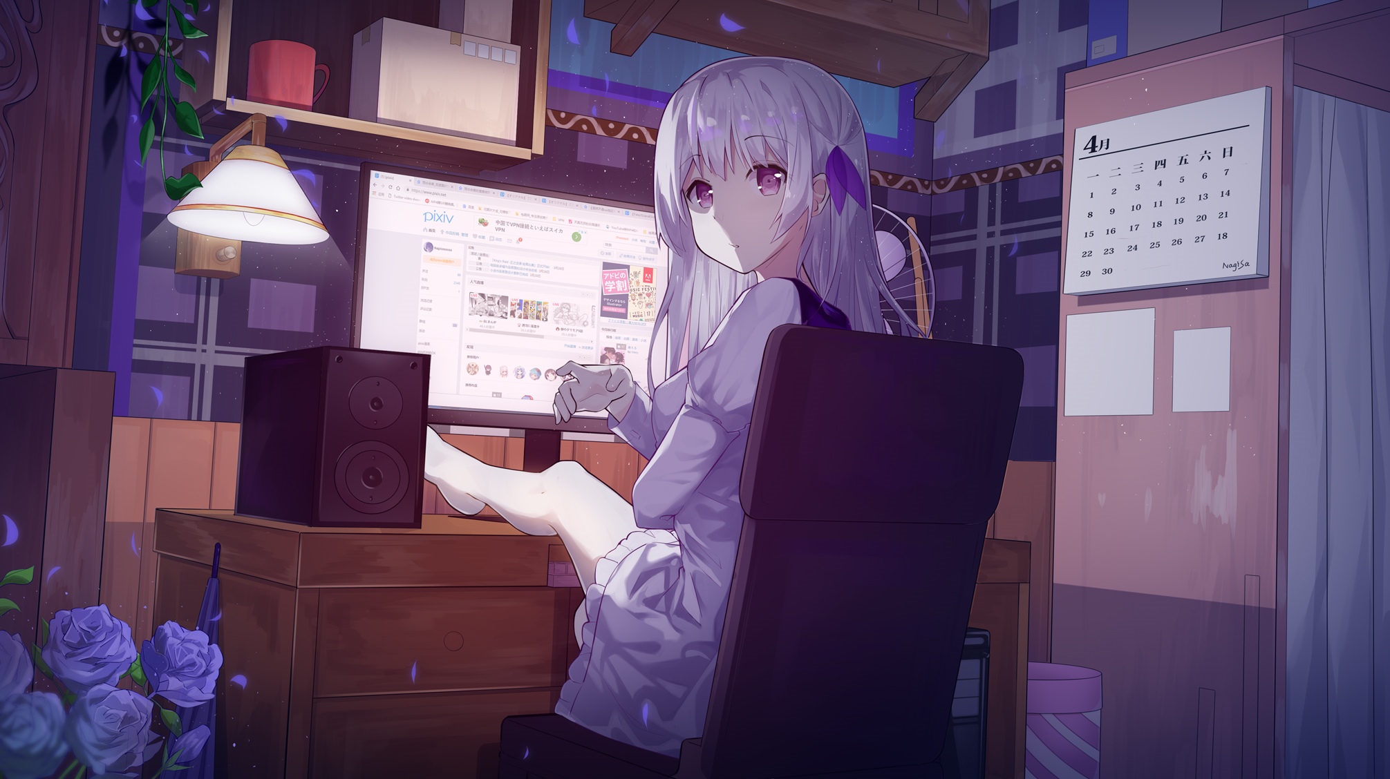 Girl with silver hair at a computer HD Wallpaper