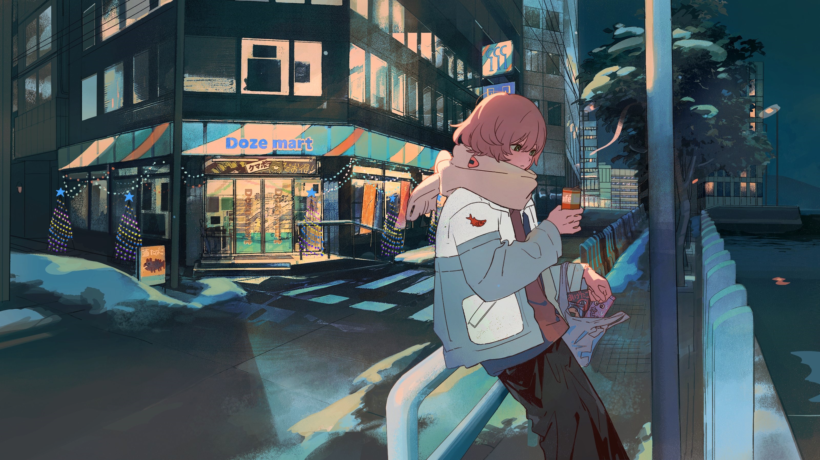 Anime girl with coffee outside Doze mart HD Wallpaper