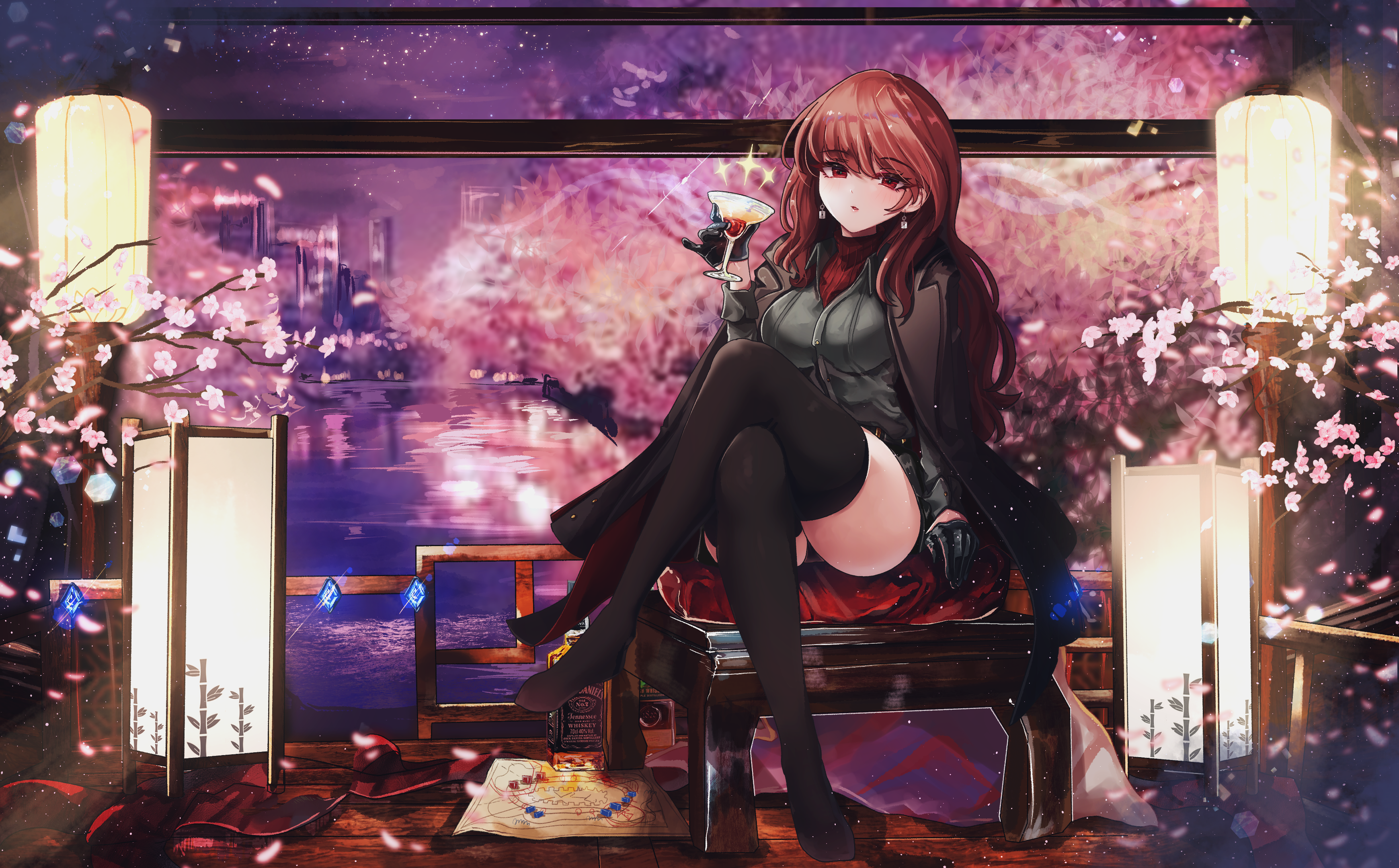 Anime girl with red eyes holding a wine glass HD Wallpaper