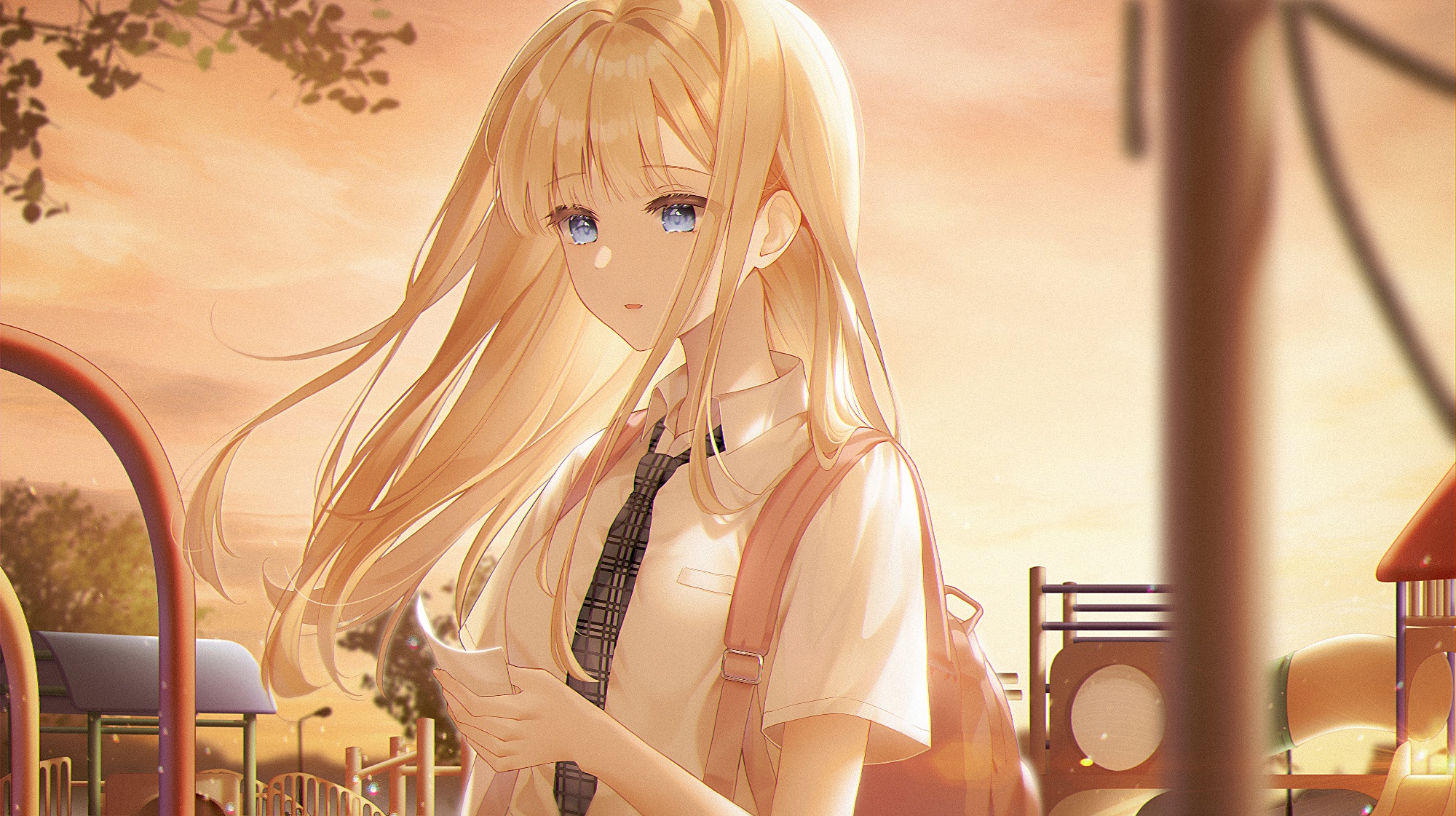Anime girl in school uniform at sunset HD Wallpaper