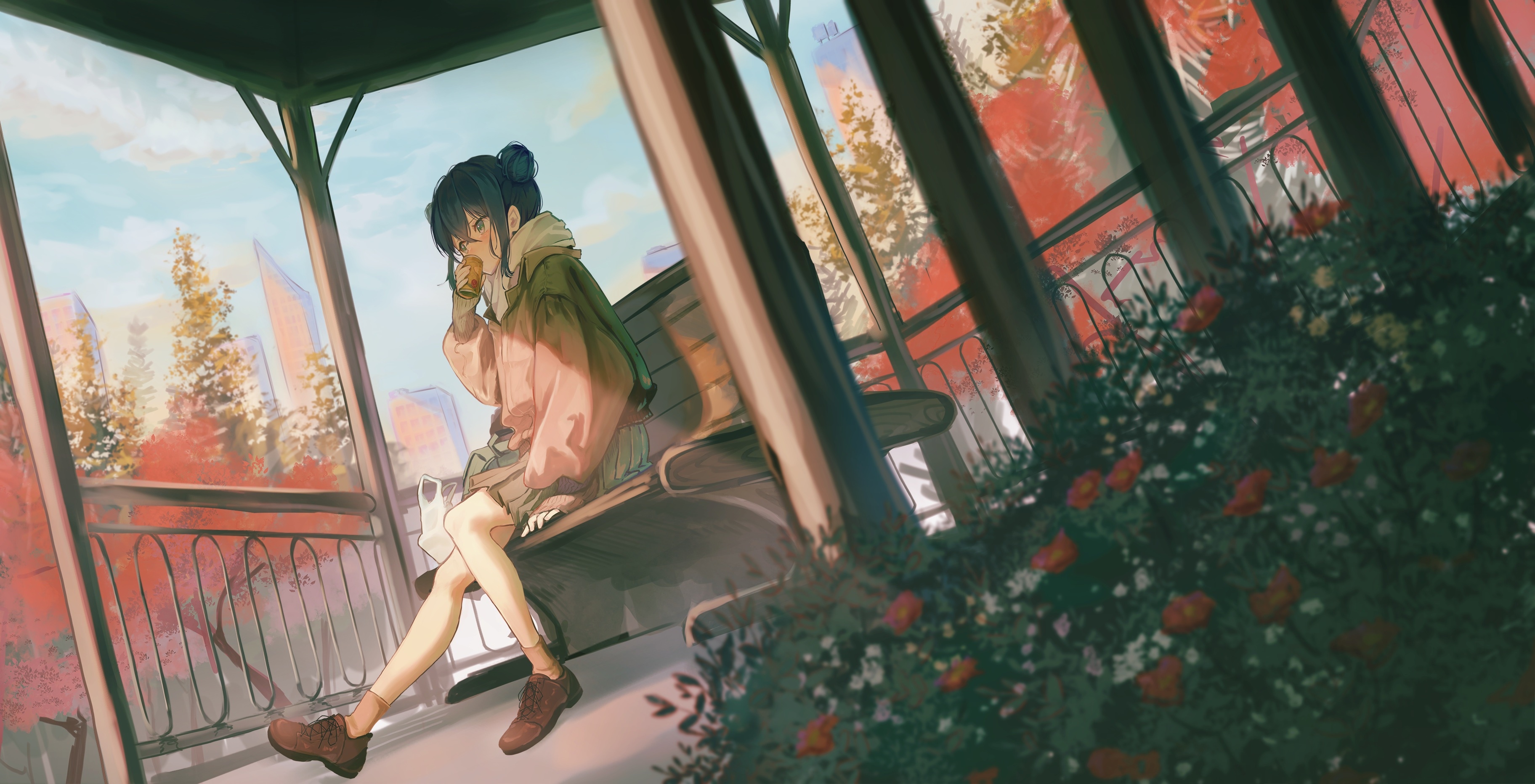 Anime girl drinking on a bench with flowers HD Wallpaper