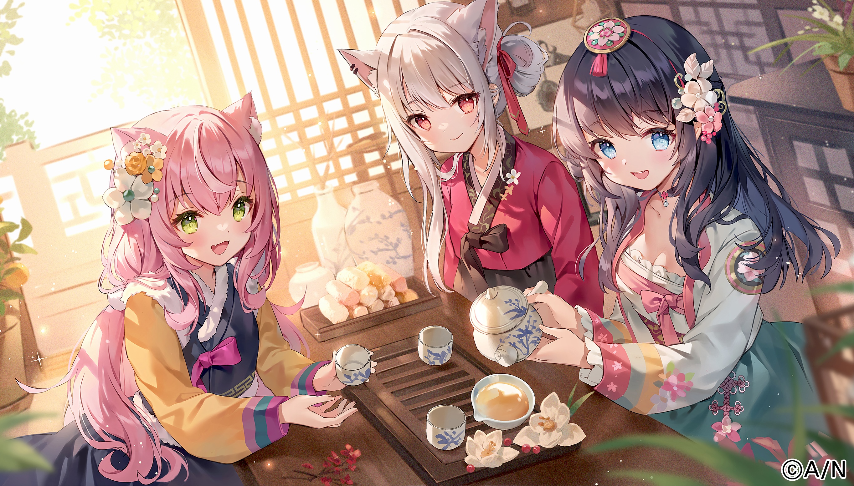 Three anime girls in Korean hanbok drinking tea HD Wallpaper