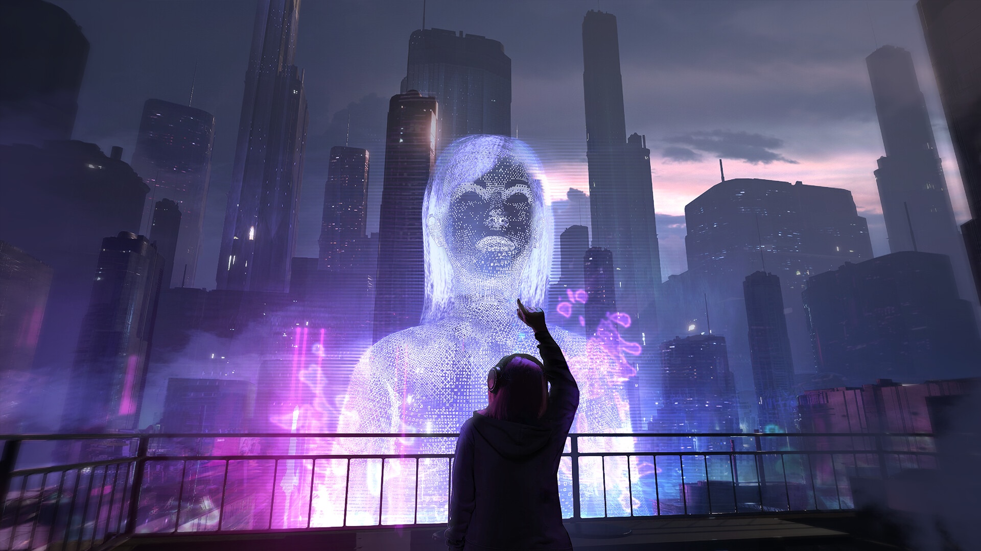 Cyberpunk city with a holographic woman and person HD Wallpaper