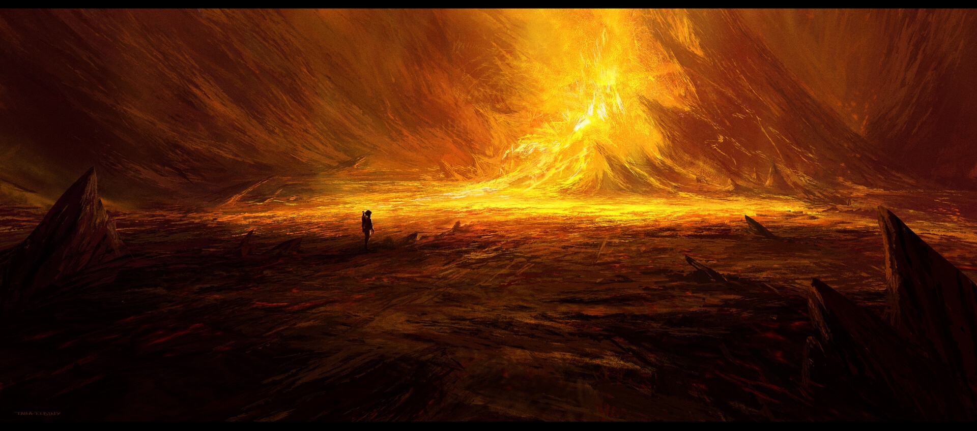 Artwork of a fiery landscape with a lone figure HD Wallpaper