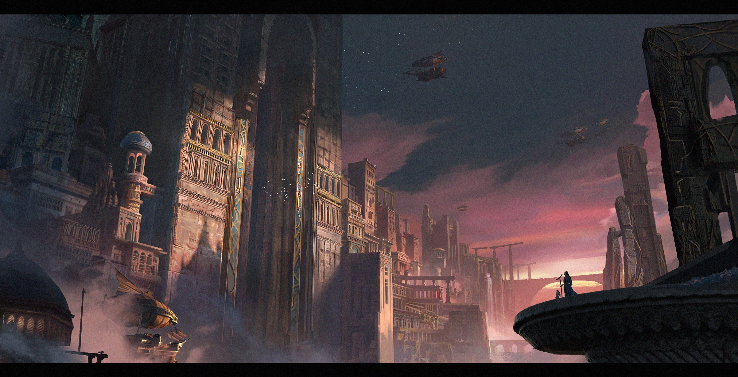 Fantasy city with flying ships at sunset HD Wallpaper