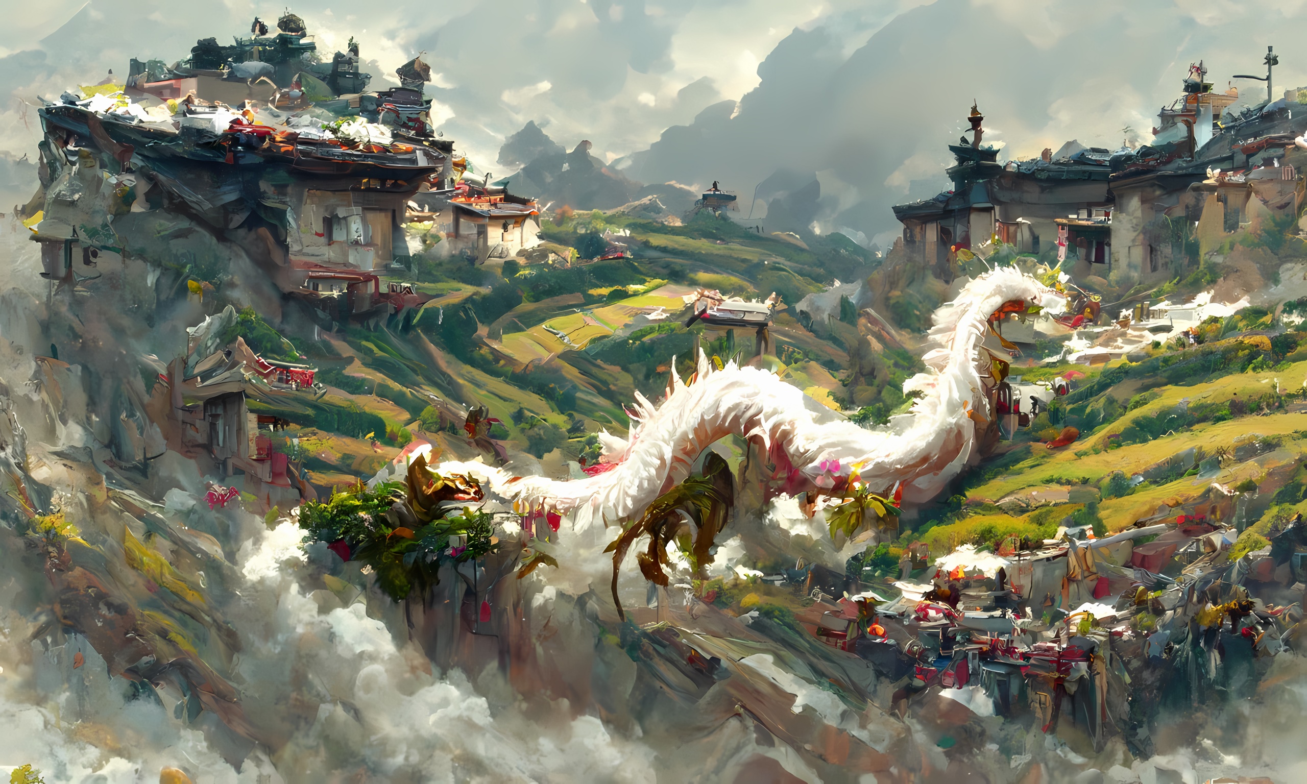 Fantasy art of a white dragon over a Chinese village HD Wallpaper