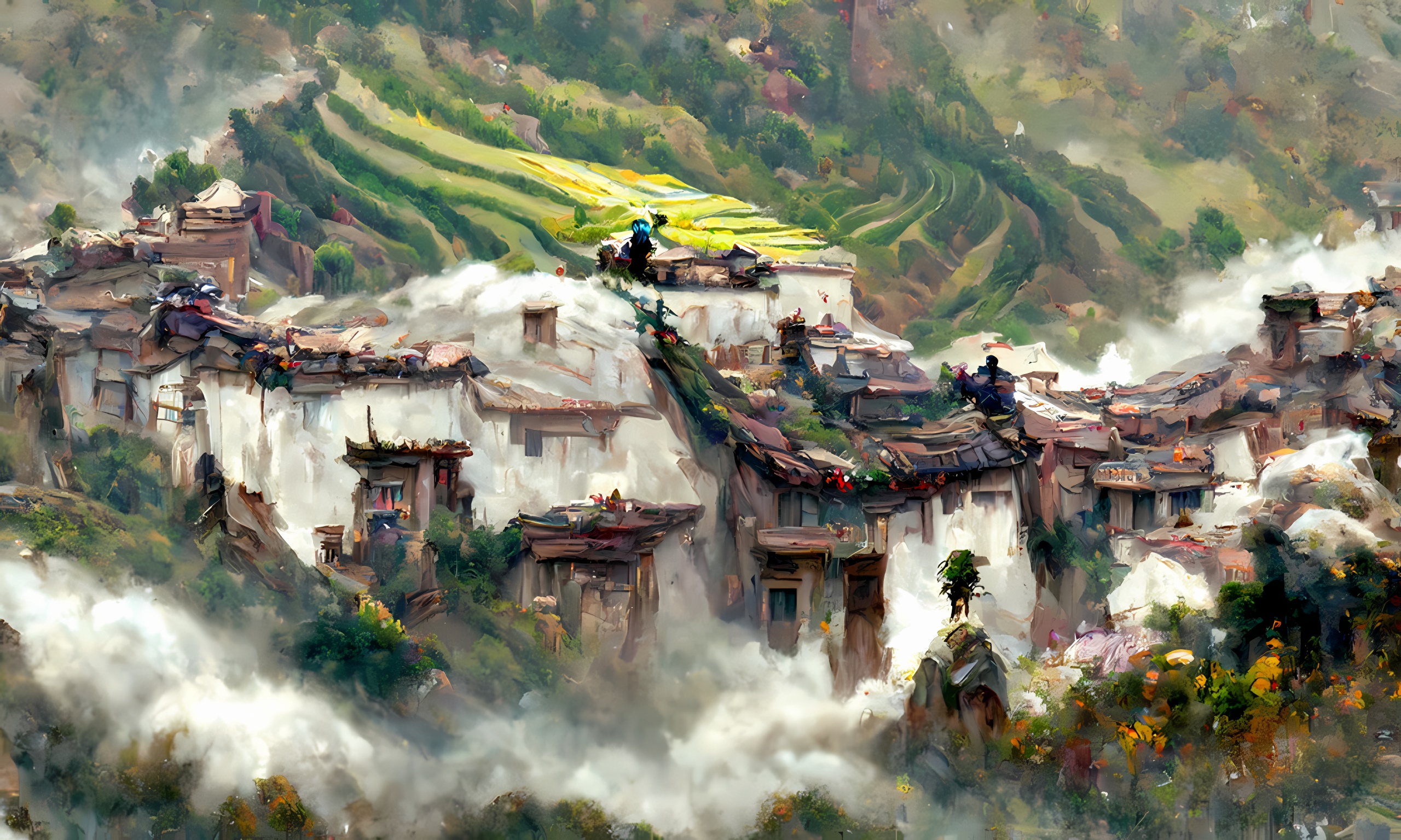 Digital art of a Chinese village in the mountains HD Wallpaper