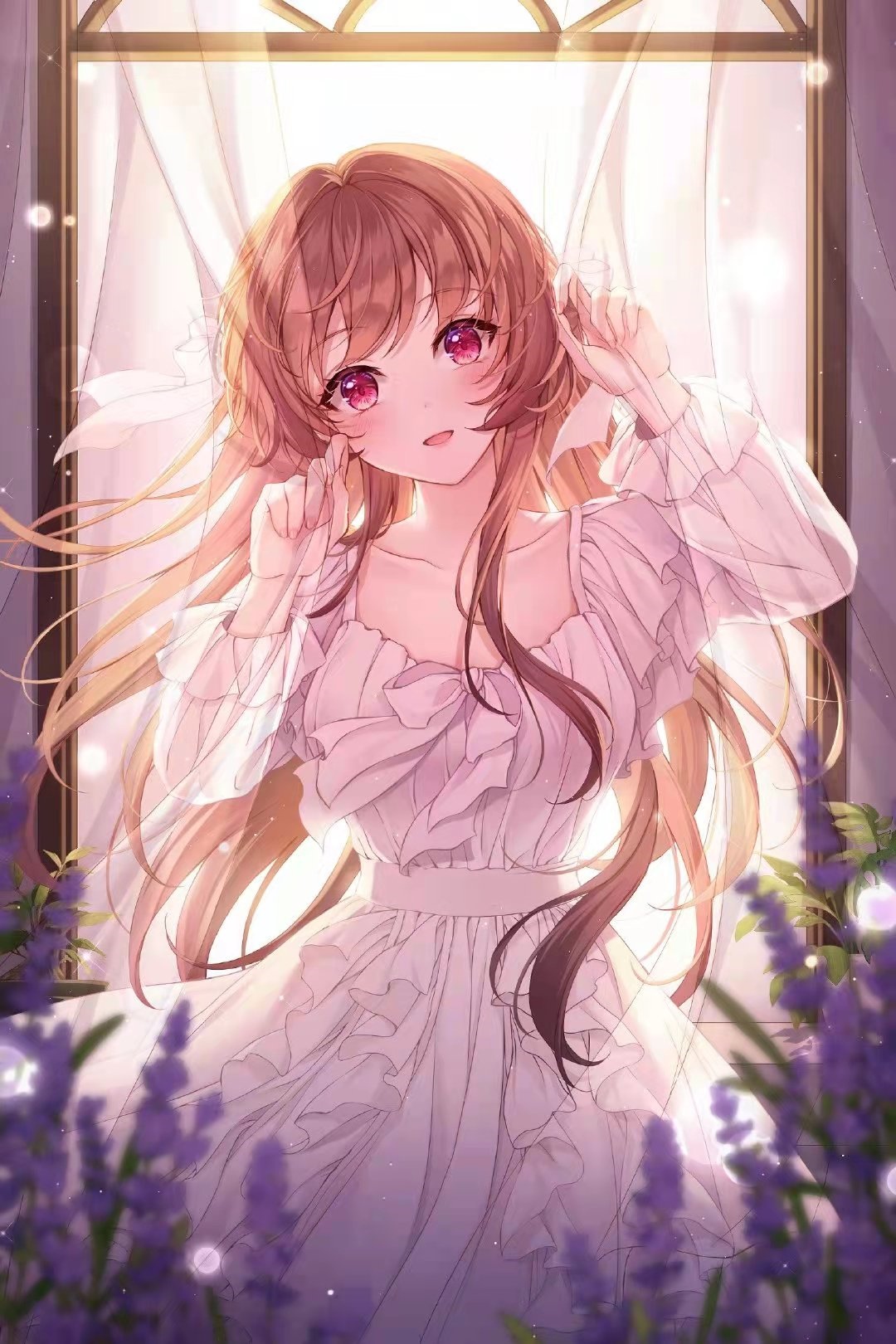 Anime girl with red eyes and brunette hair in a white dress HD Phone Wallpaper