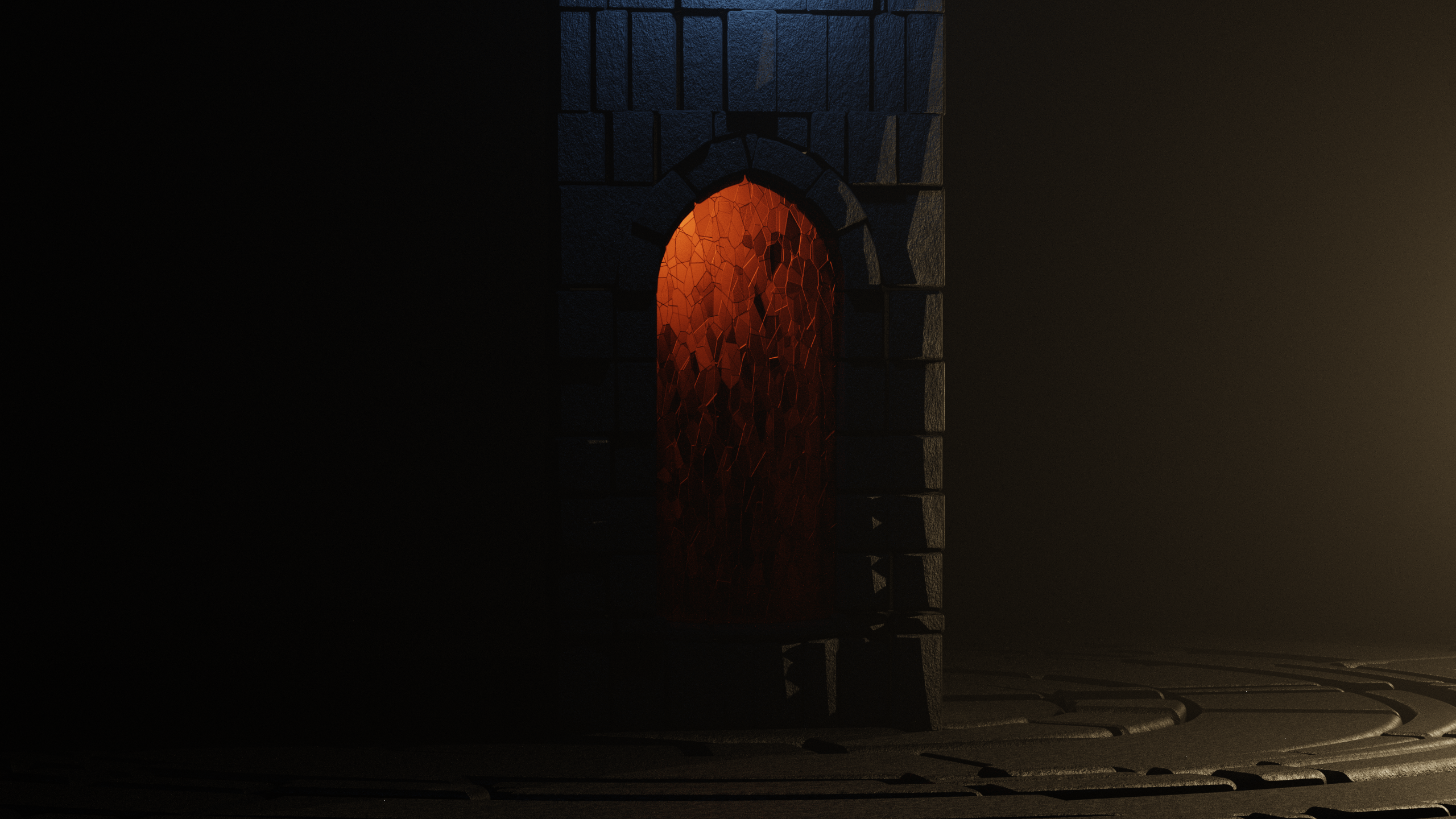 Stone archway with glowing orange portal in dark castle HD Wallpaper
