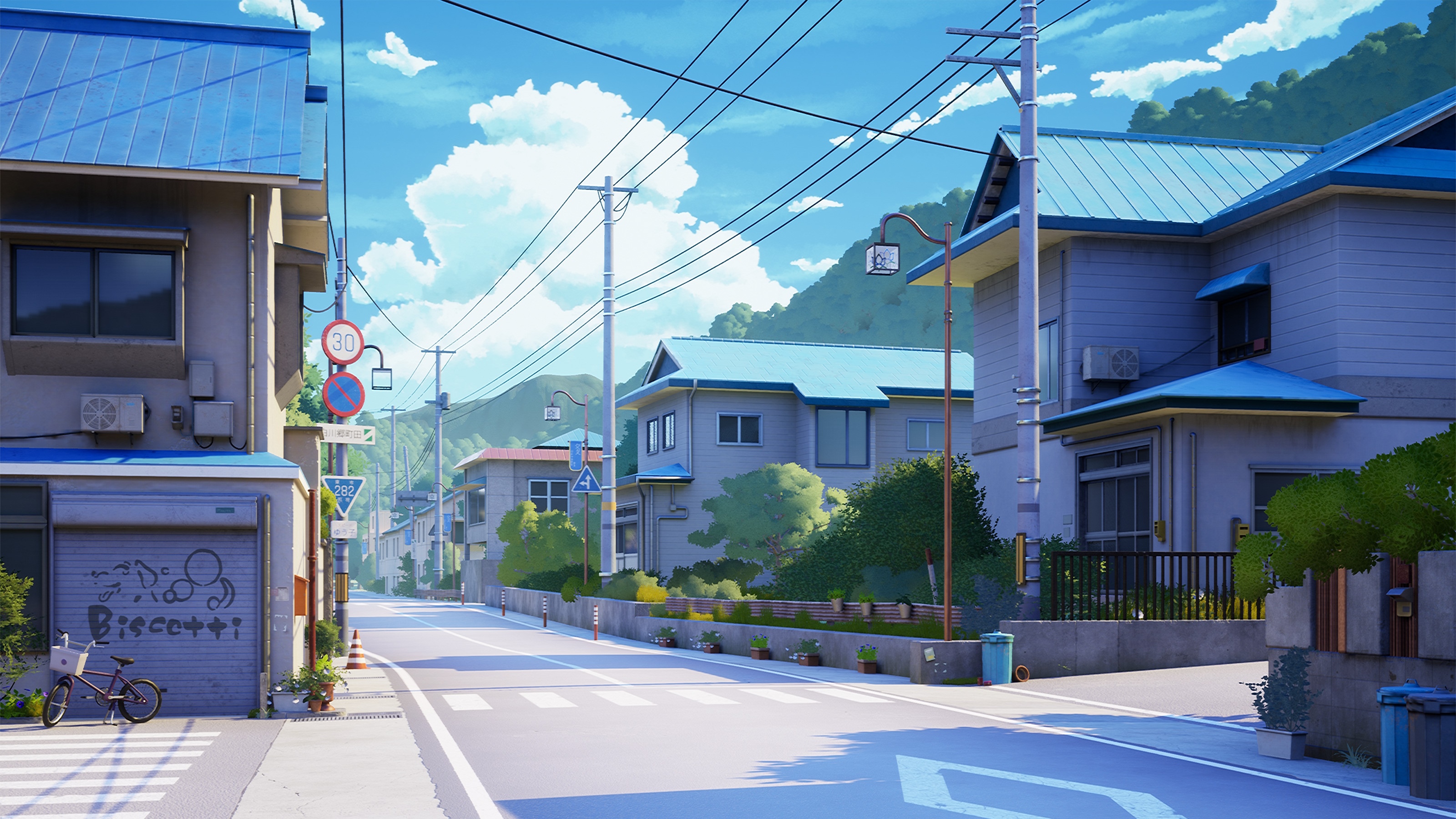 Japanese suburban street with houses and mountains HD Wallpaper