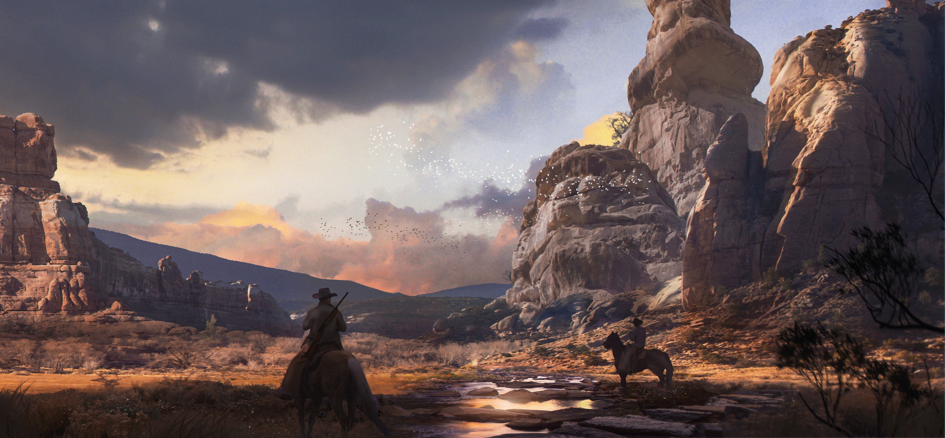 4K Cowboy and Horse in a Rocky Landscape HD Wallpaper