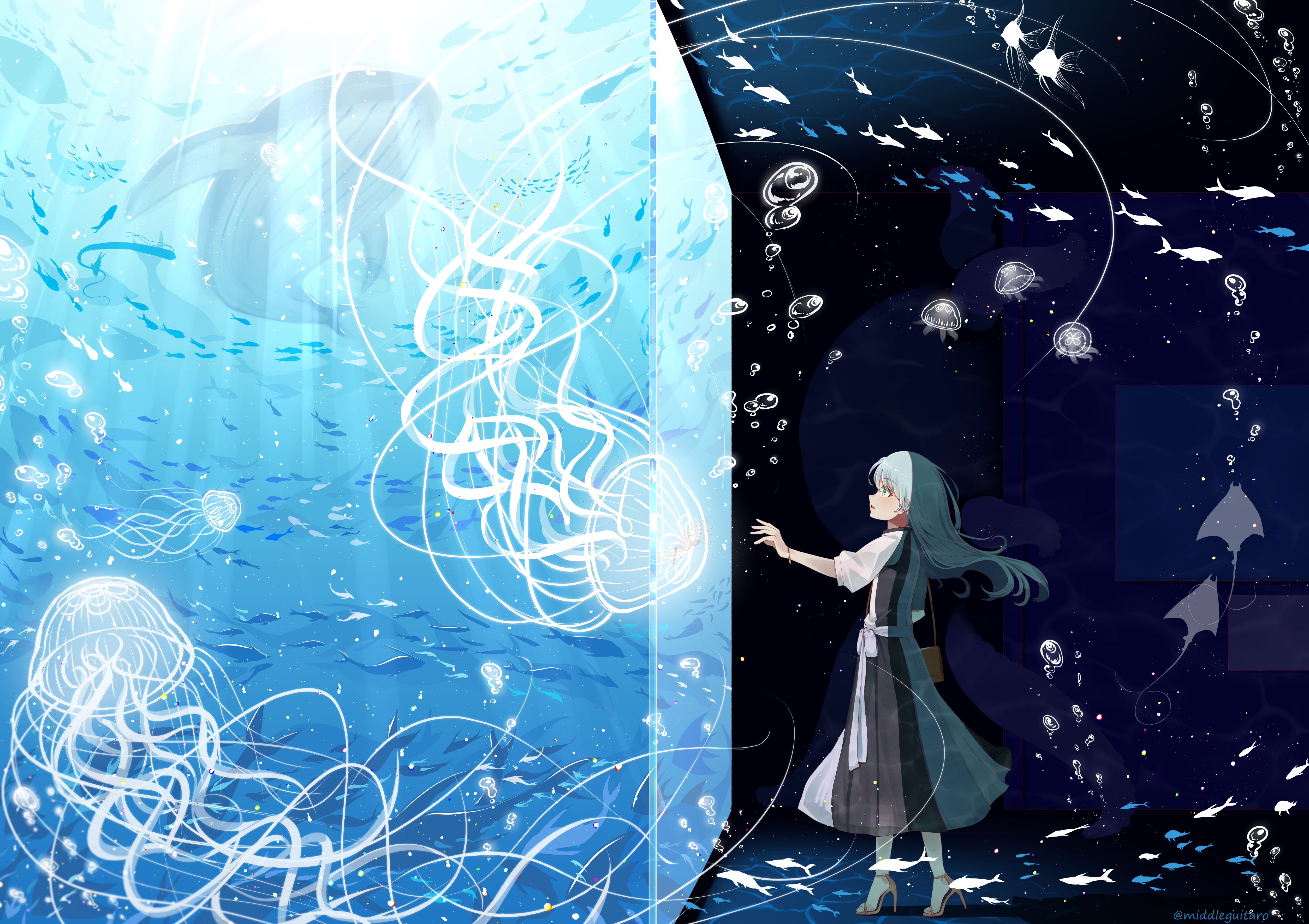 4K underwater scene with jellyfish and whale HD Wallpaper