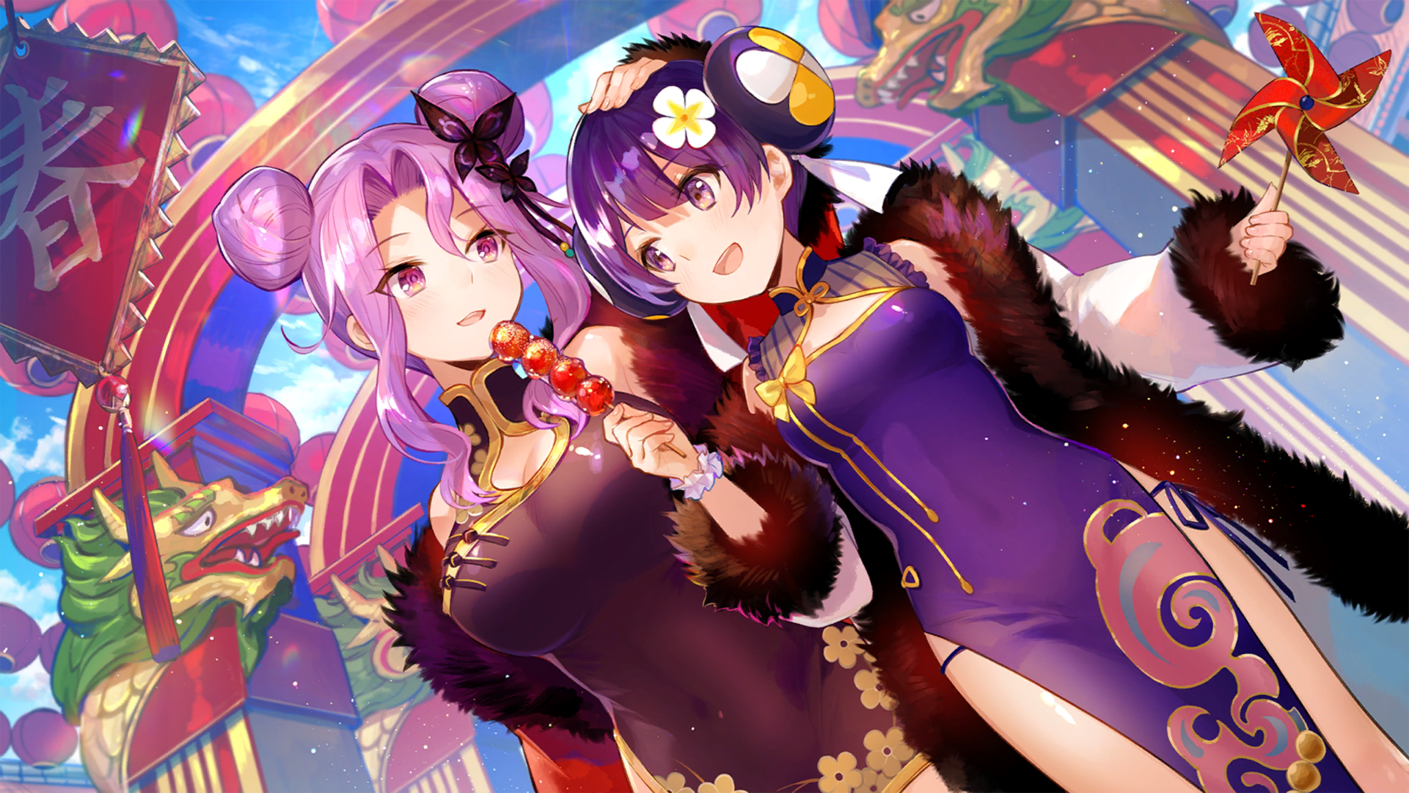Anime girls in Chinese dresses with candy apples HD Wallpaper