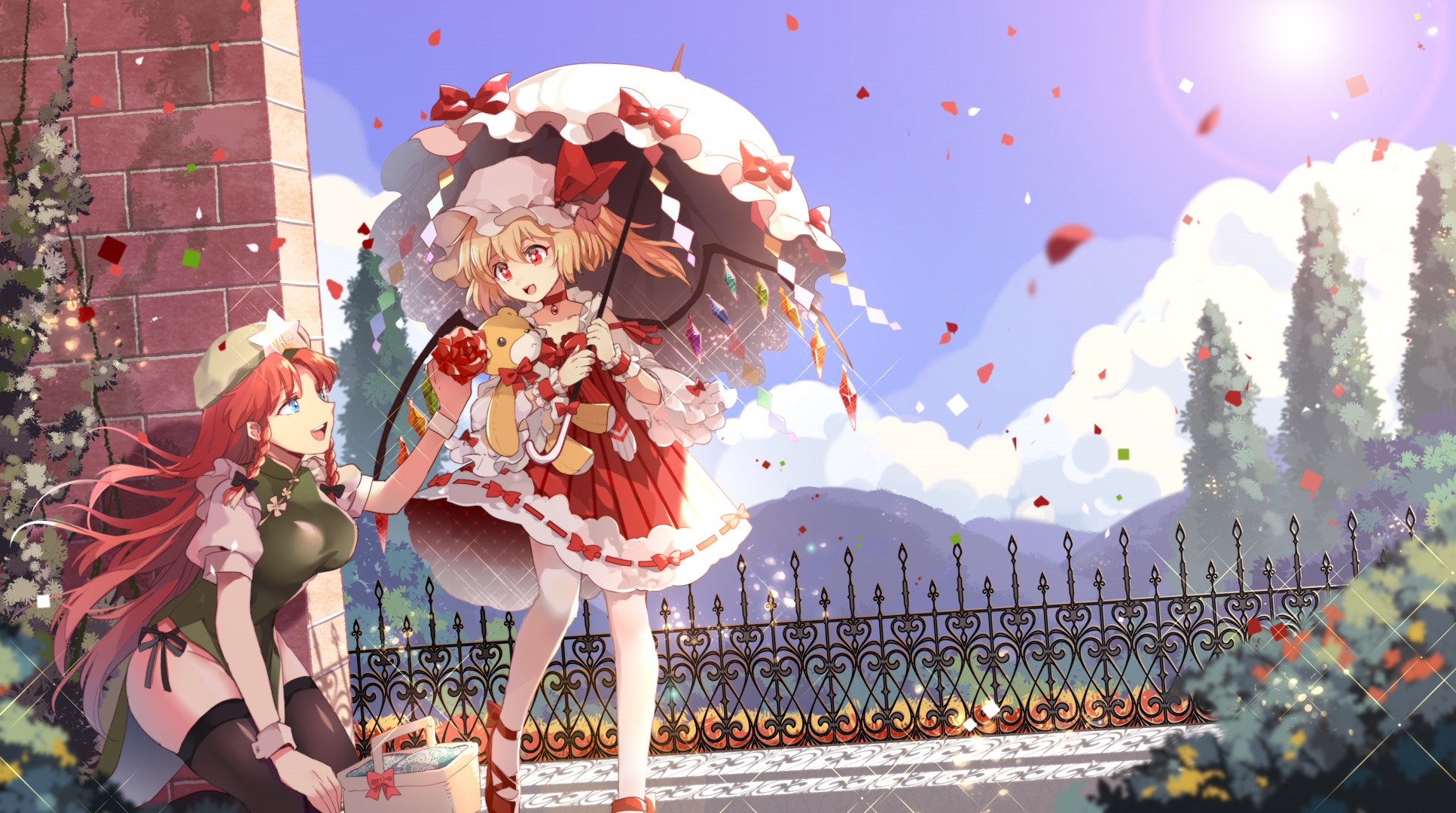 Flandre Scarlet and Hong Meiling with a teddy bear HD Wallpaper