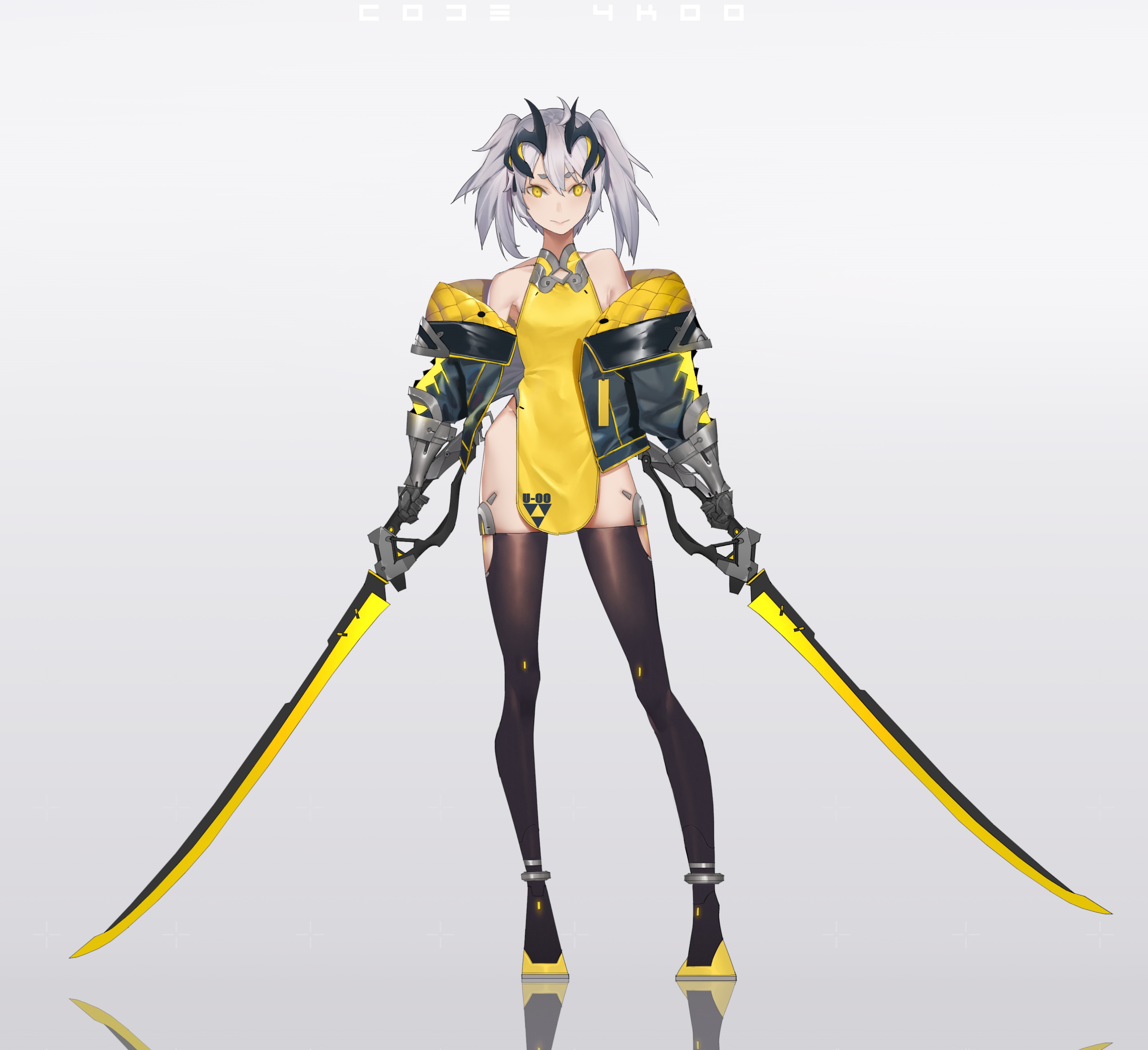 Mecha girl with yellow eyes and silver hair holding swords HD Wallpaper
