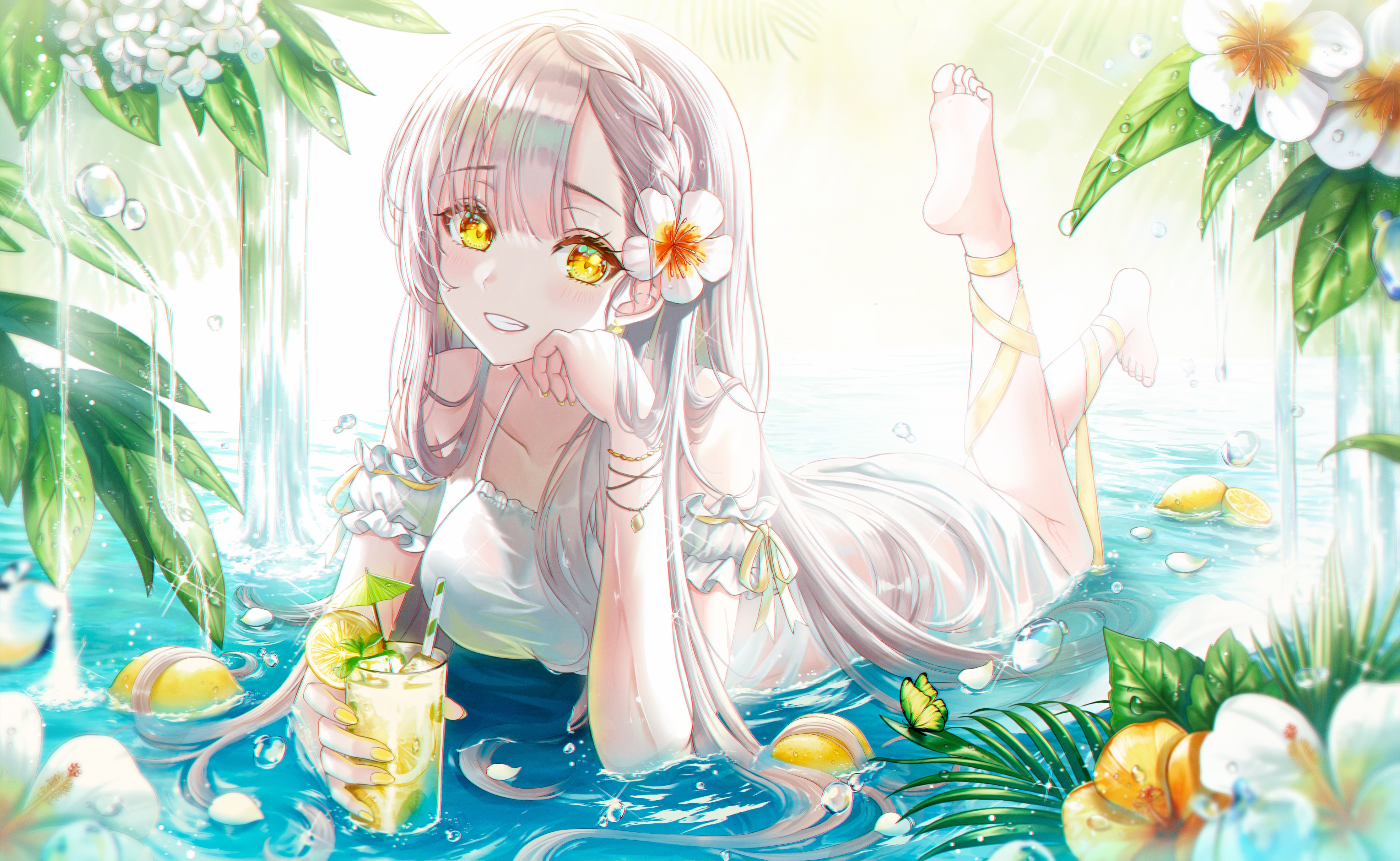 4K Anime Girl with Silver Hair and Yellow Eyes in Water HD Wallpaper