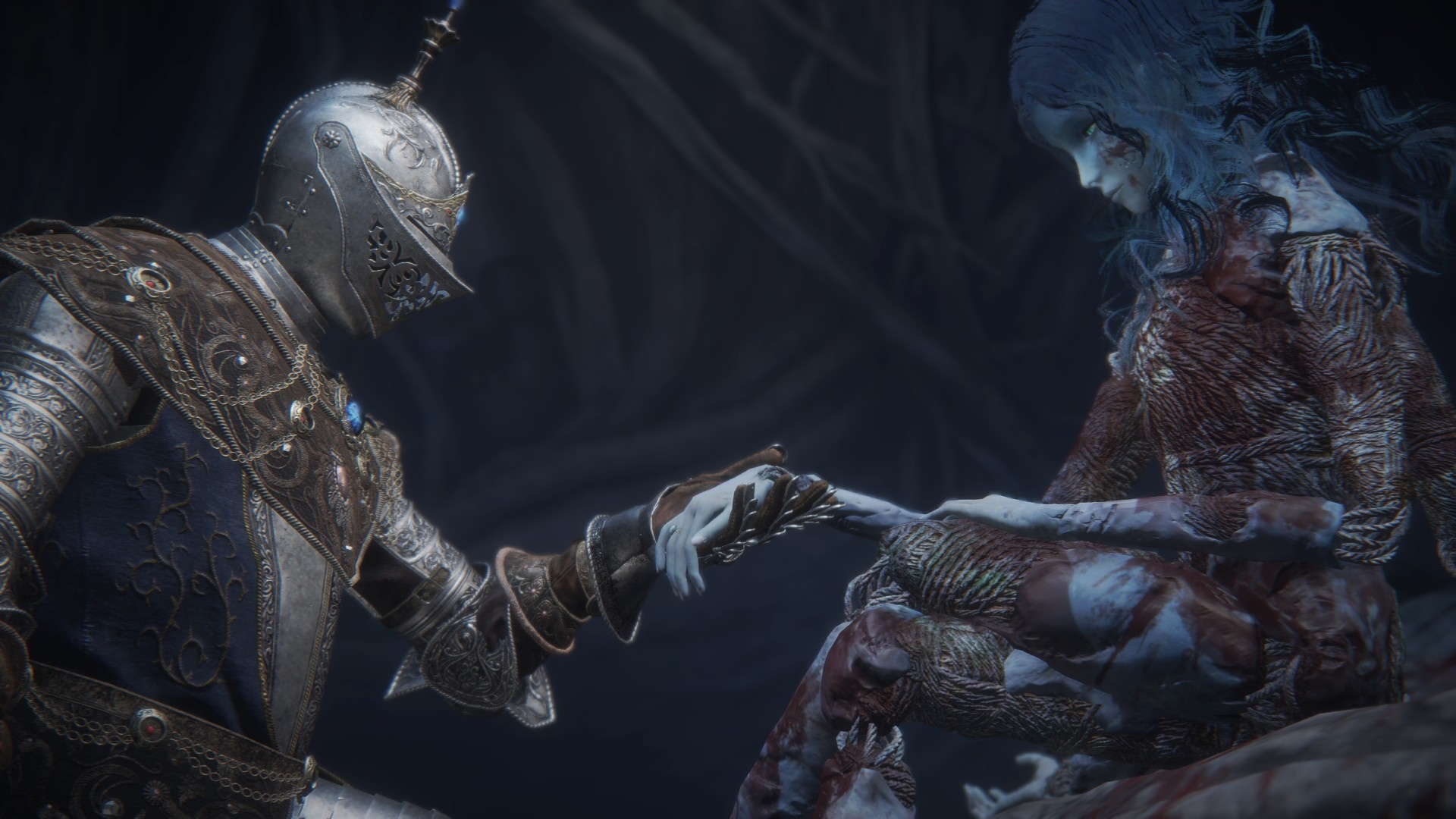 Elden Ring: Knight and spectral figure holding hands HD Wallpaper