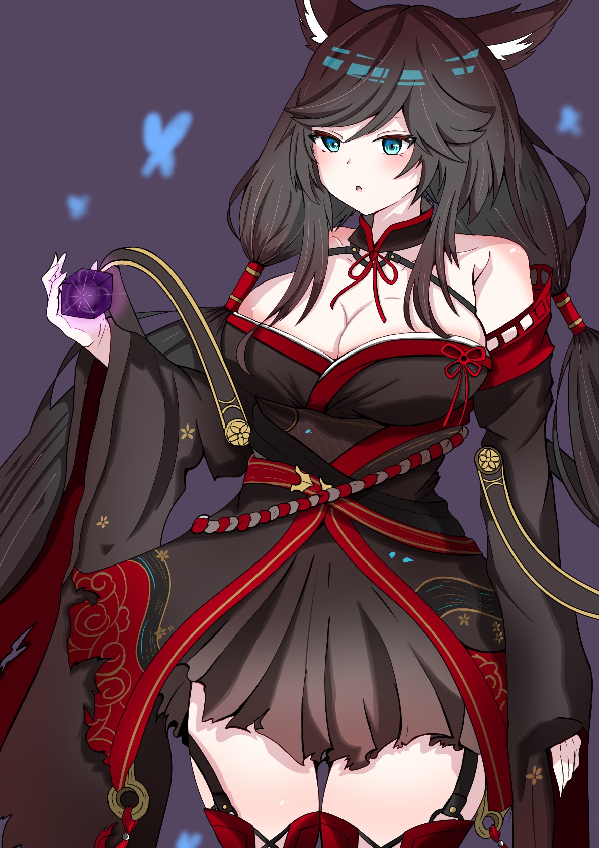 Fox girl in black and red kimono holding a purple gem HD Phone Wallpaper