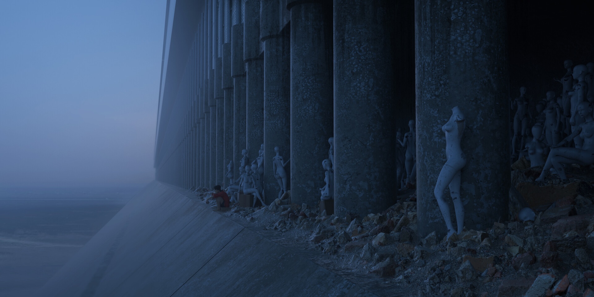 Luzhan Liu among mannequins in a foggy landscape HD Wallpaper