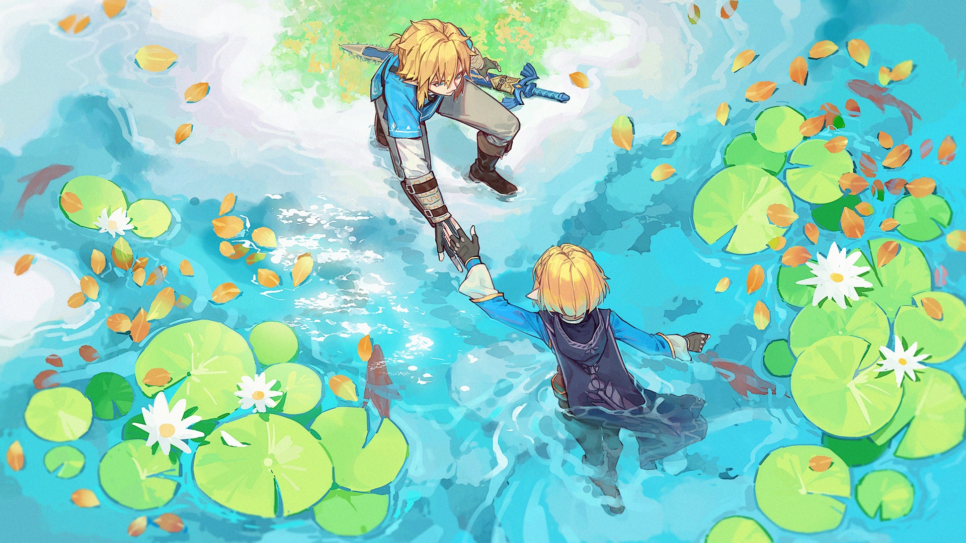 Link Reaches Out to Another Link in a Pond HD Wallpaper