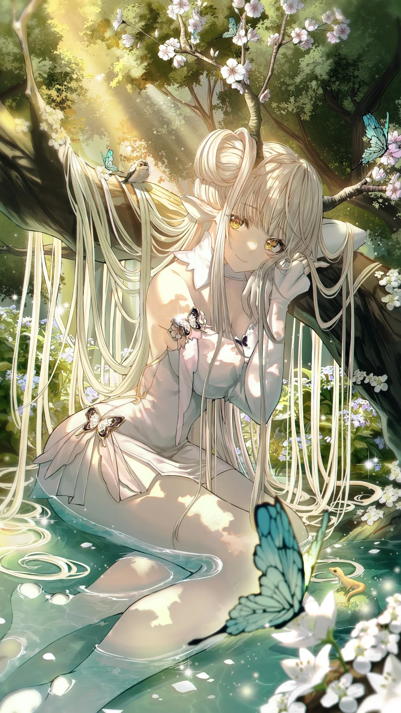 Blonde girl with horns and yellow eyes in a forest HD Phone Wallpaper