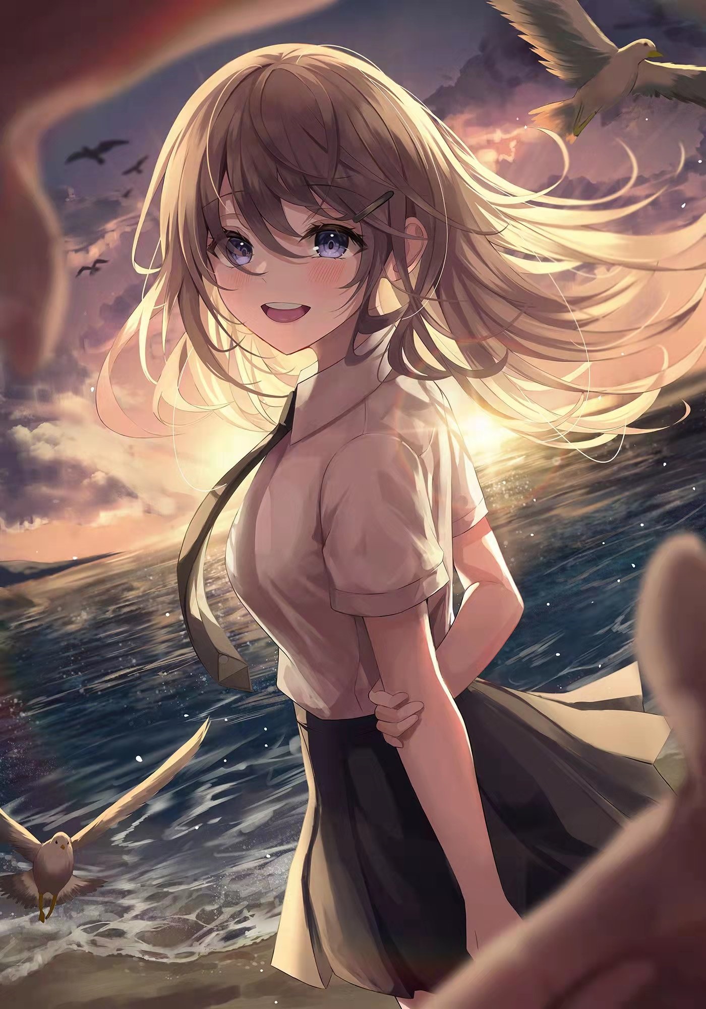 Girl in school uniform at the beach during dusk HD Phone Wallpaper