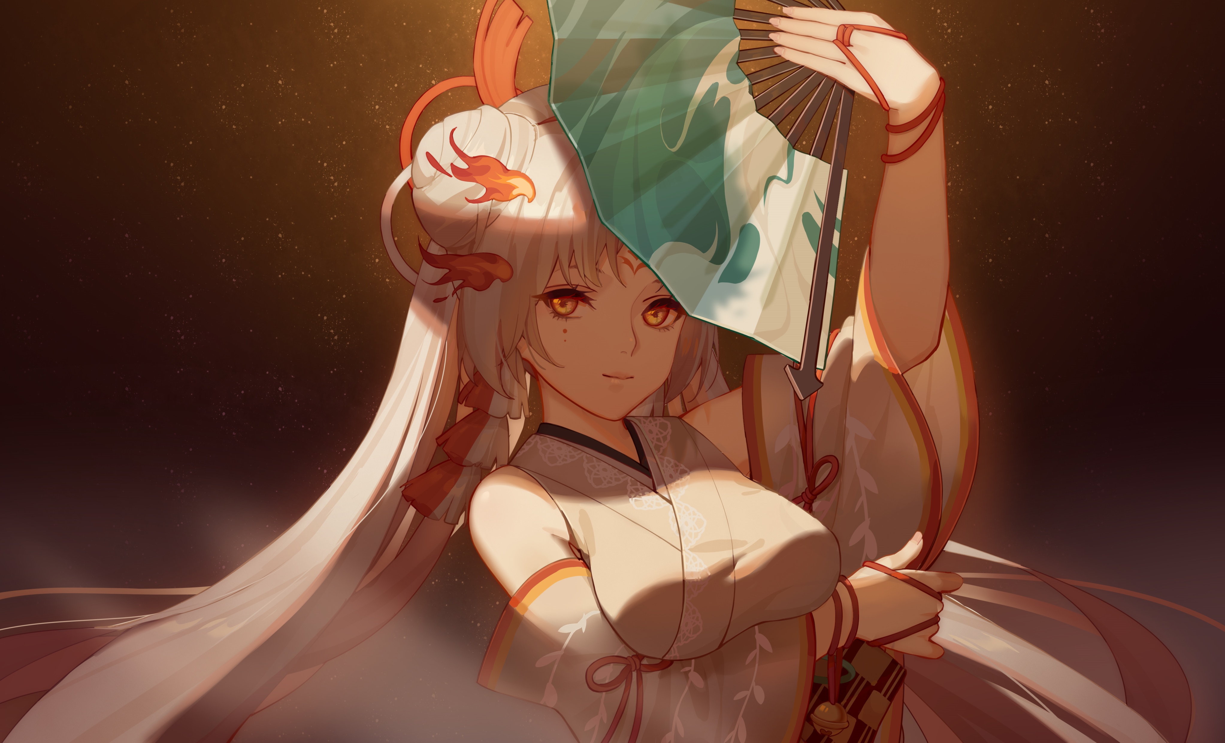 Anime girl in Japanese clothes holding a fan HD Wallpaper