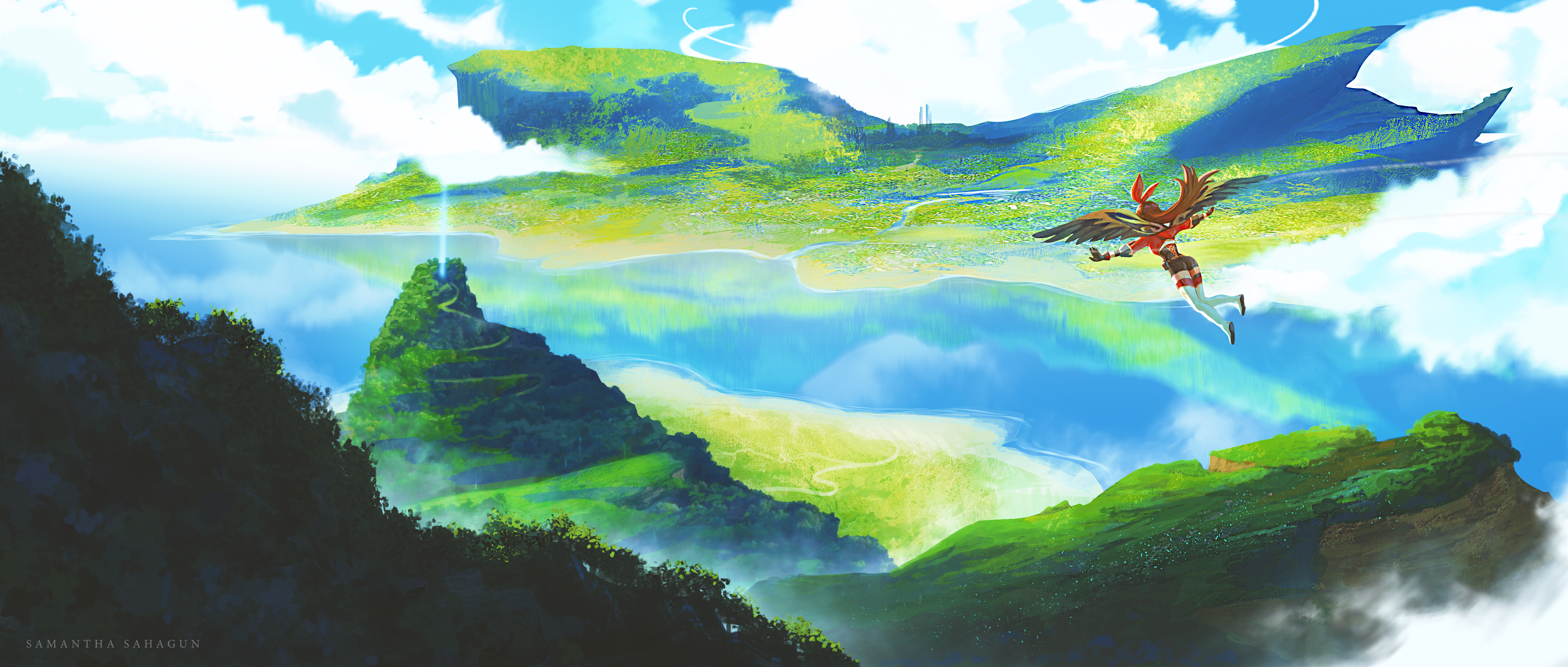 4K Genshin Impact: Amber flies over Mondstadt landscape HD Wallpaper