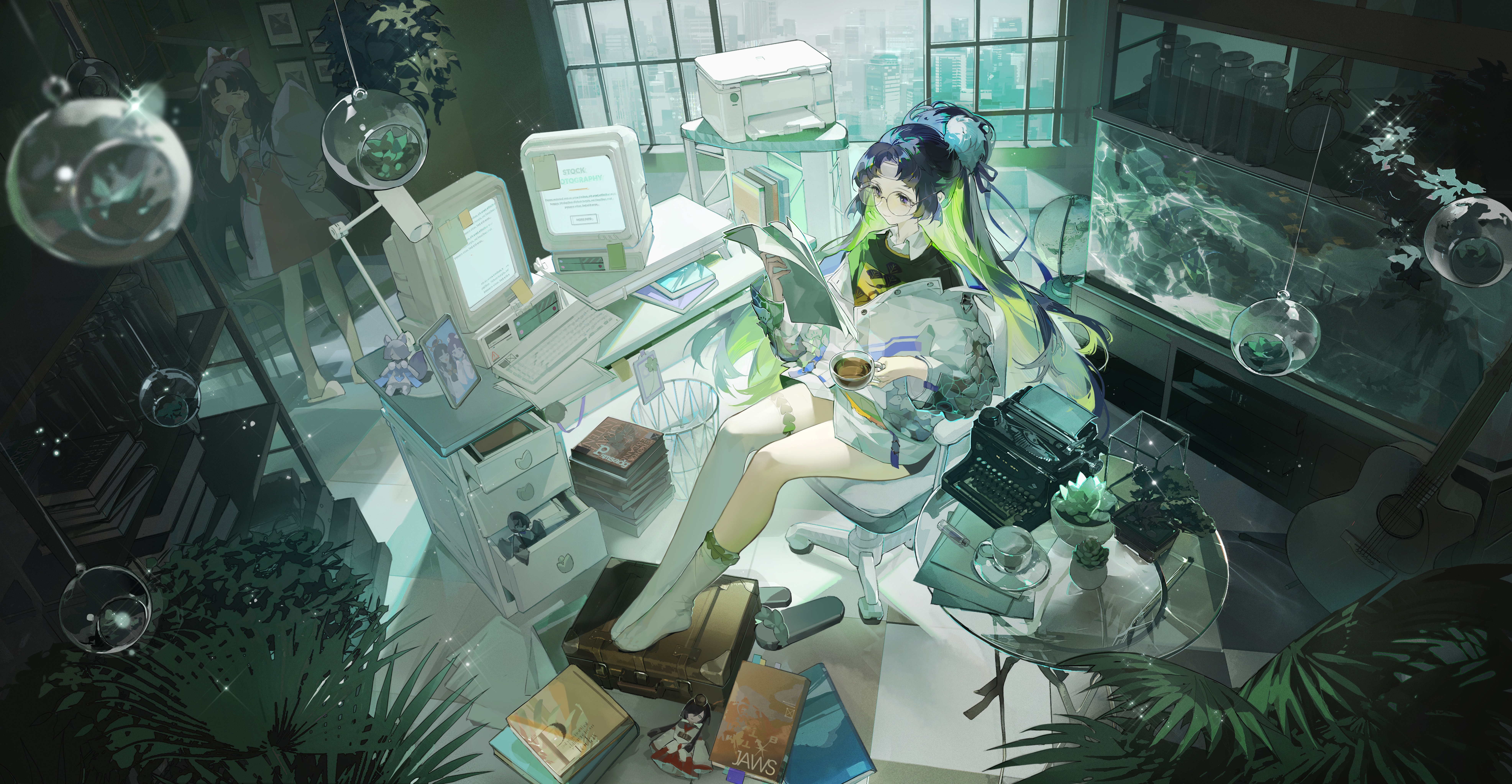 Girl reading in a room with computers HD Wallpaper