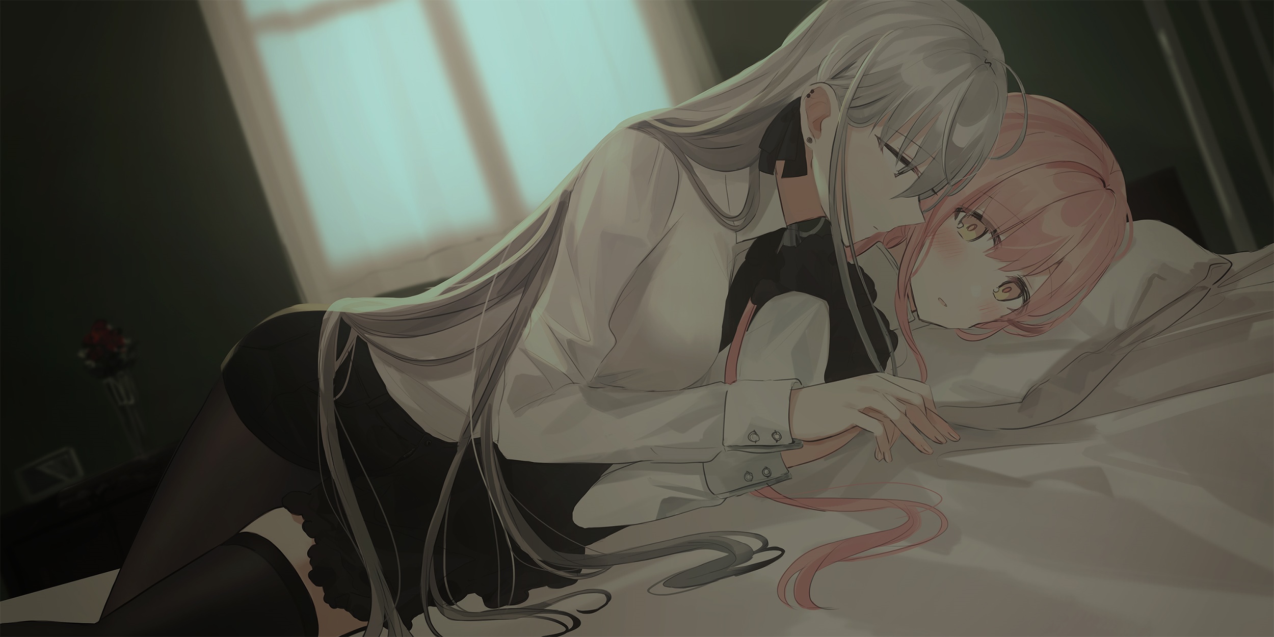 Anime girls in bed, yuri, pink hair HD Wallpaper