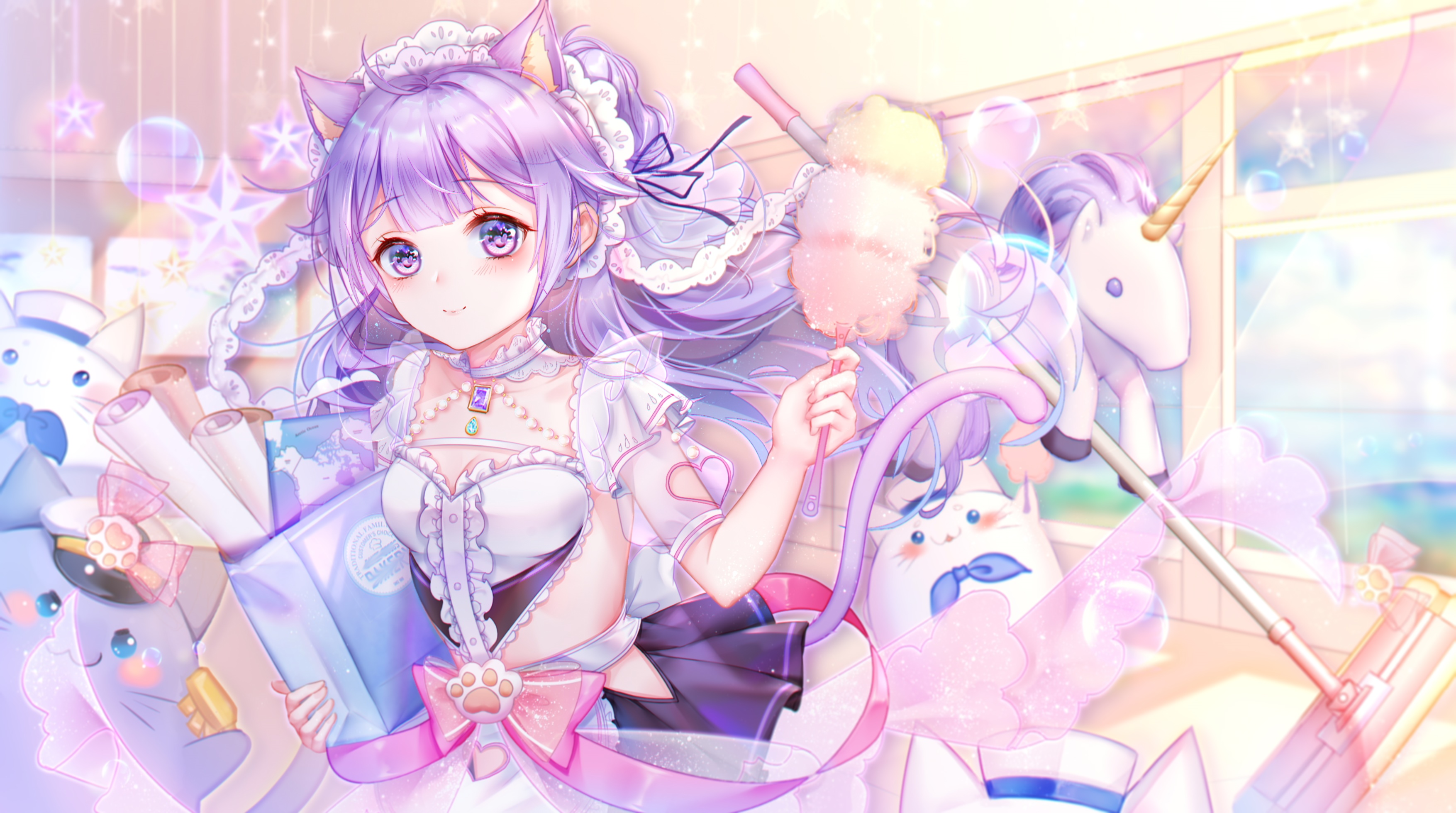 Azur Lane cat girl maid with unicorn and plush toys HD Wallpaper