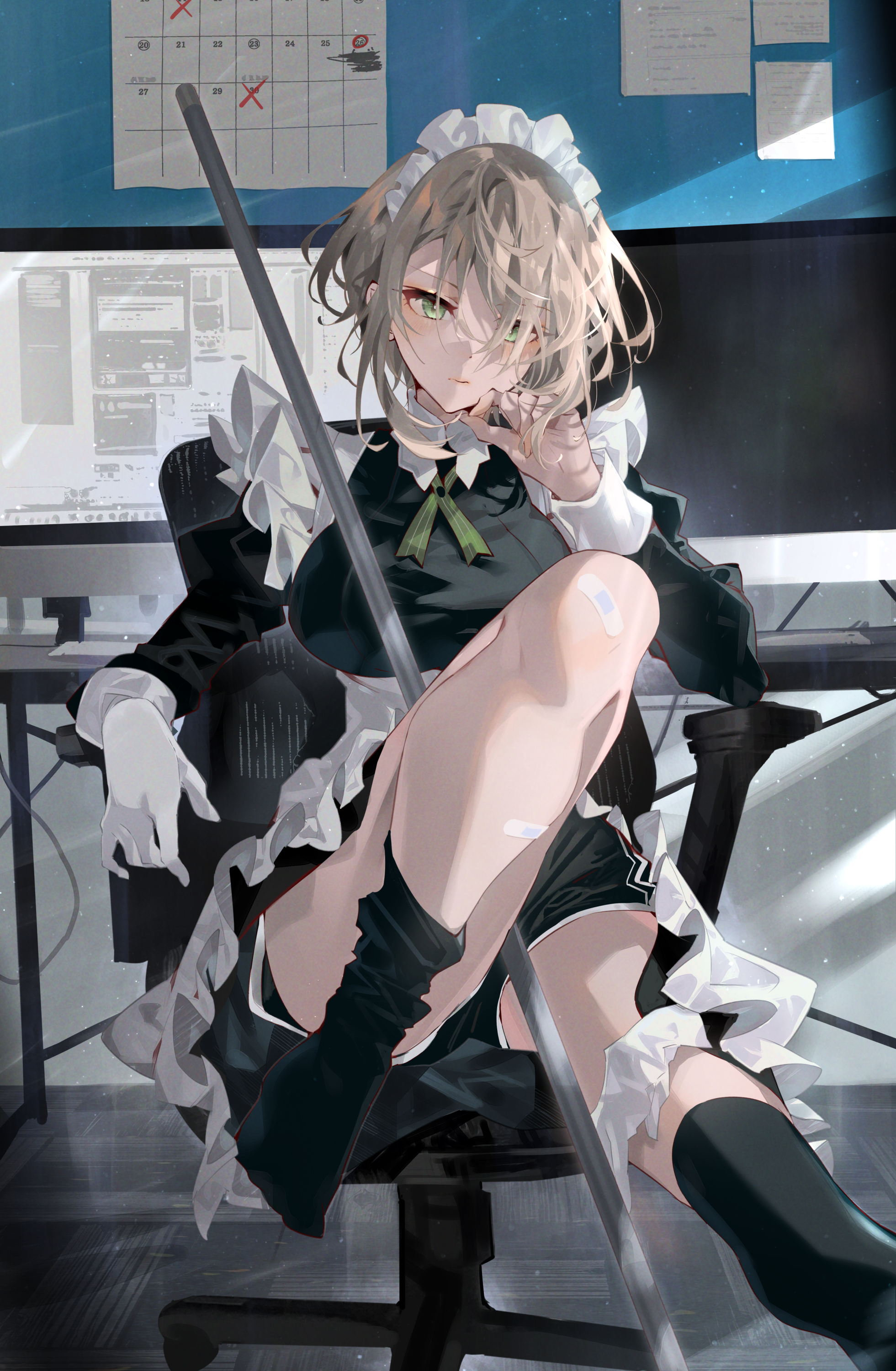 Anime maid outfit girl sitting at a desk HD Phone Wallpaper