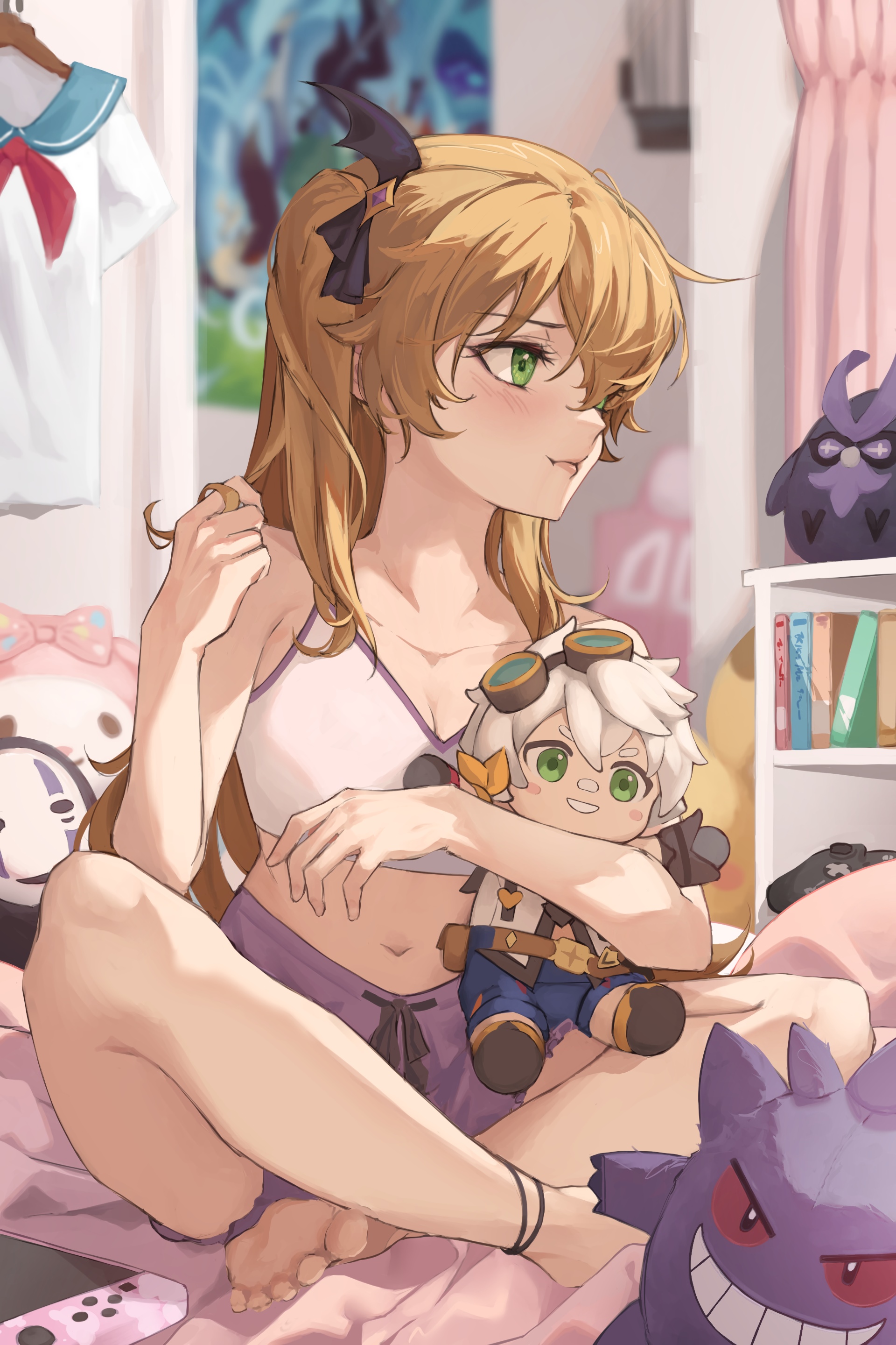 Fischl and Bennett plushies in a bedroom HD Phone Wallpaper
