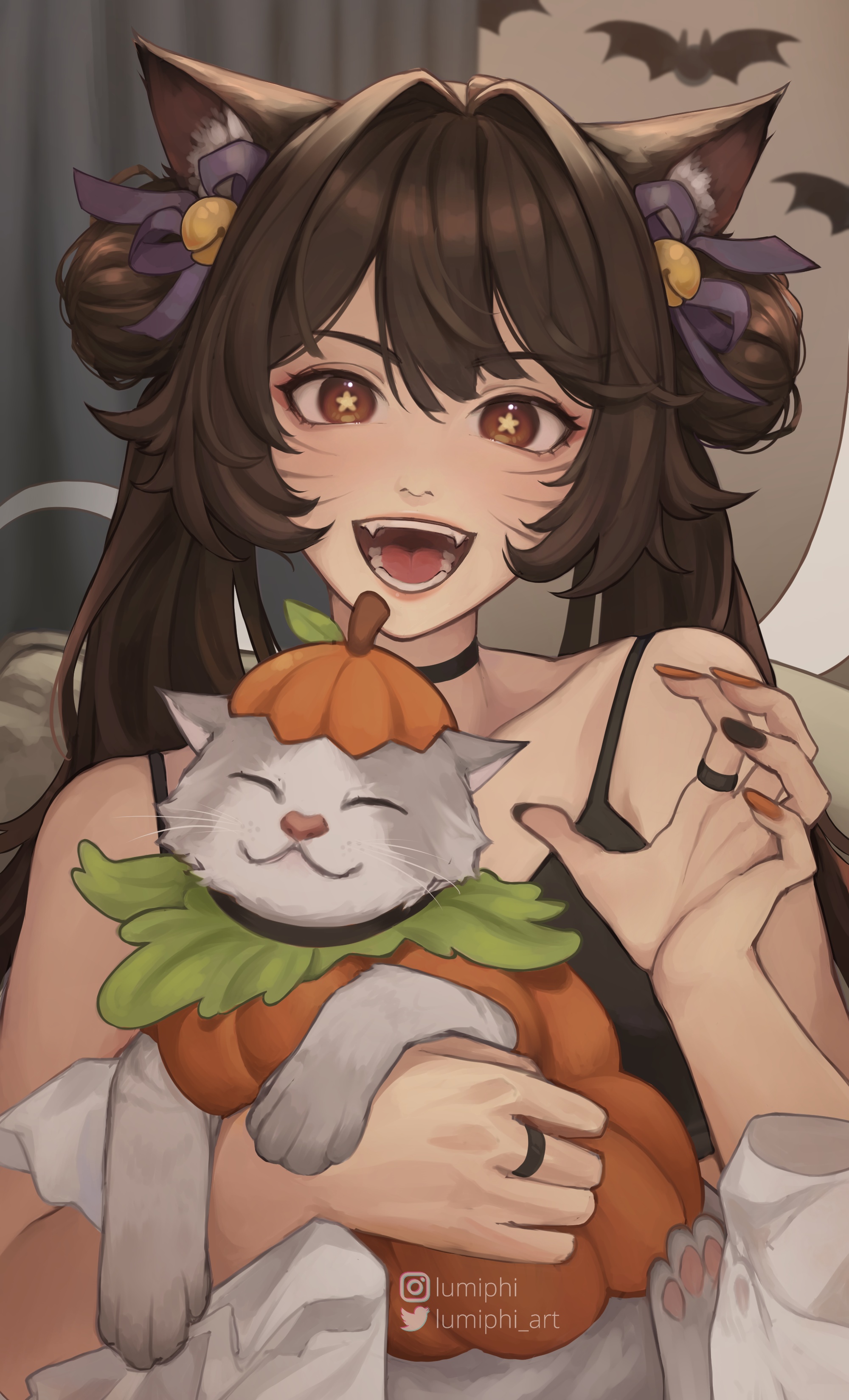 Hu Tao holding a cat in a pumpkin costume HD Phone Wallpaper