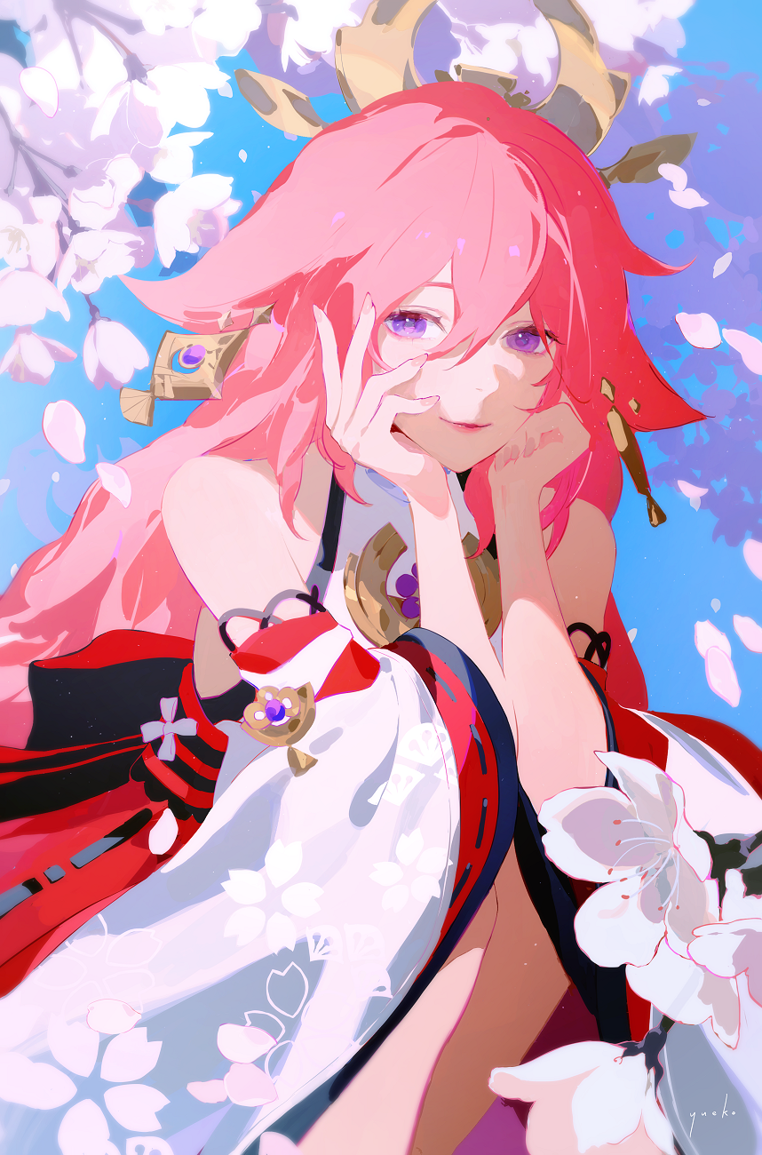 Yae Miko from Genshin Impact with Cherry Blossoms HD Phone Wallpaper