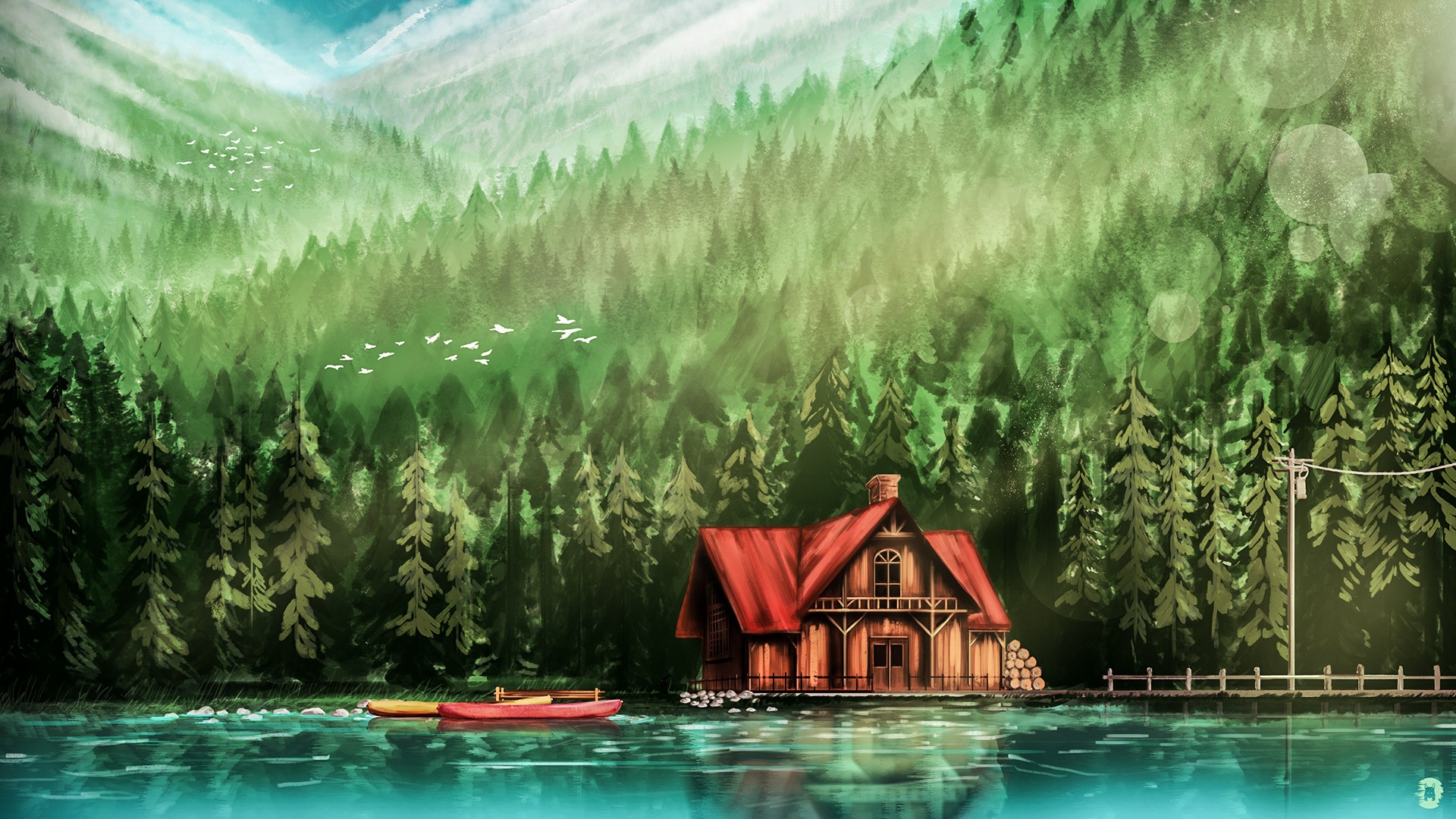Cabin by a lake in a green forest HD Wallpaper