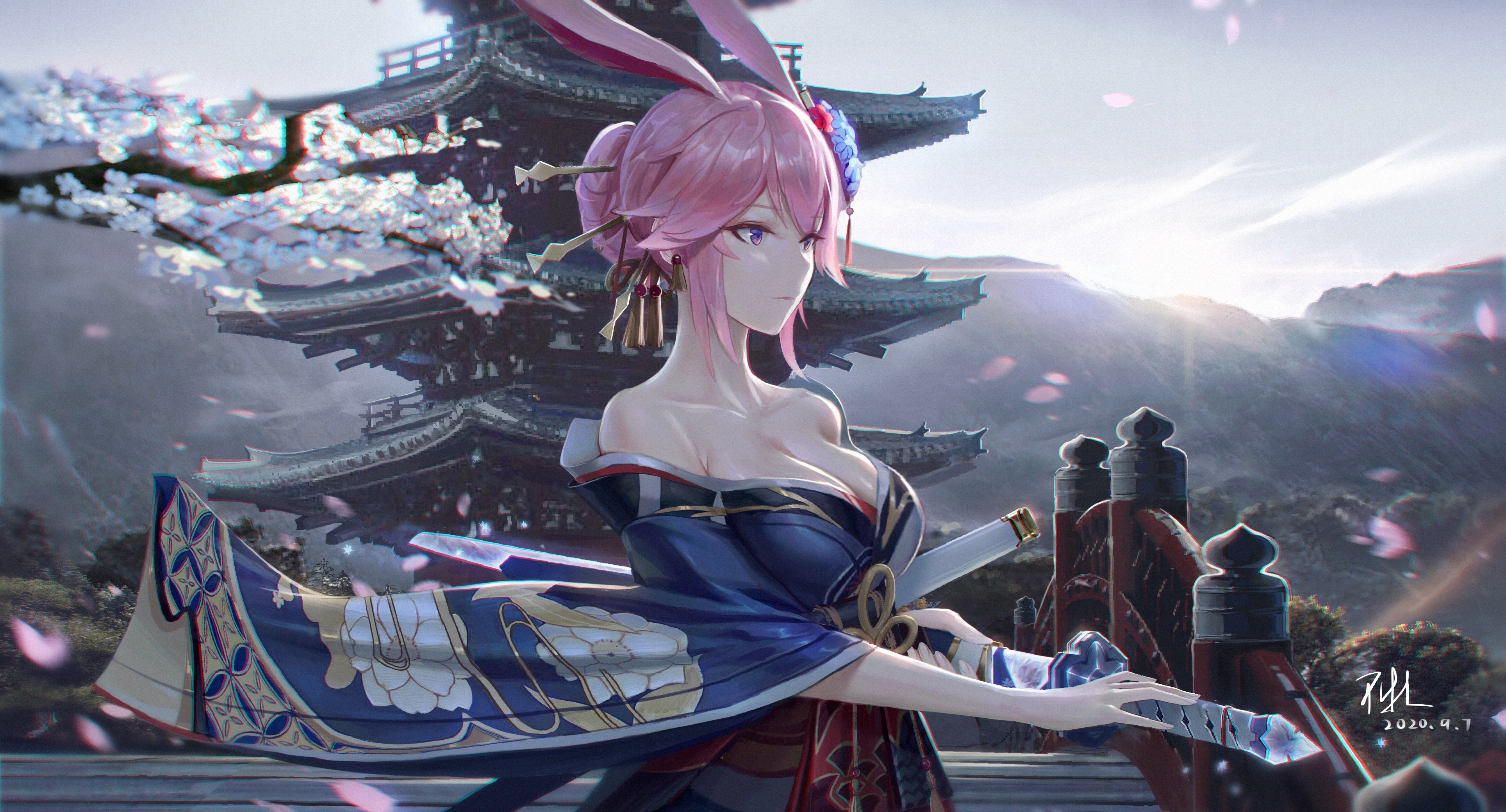 4K Yae Sakura with Katana and Cherry Blossoms HD Wallpaper