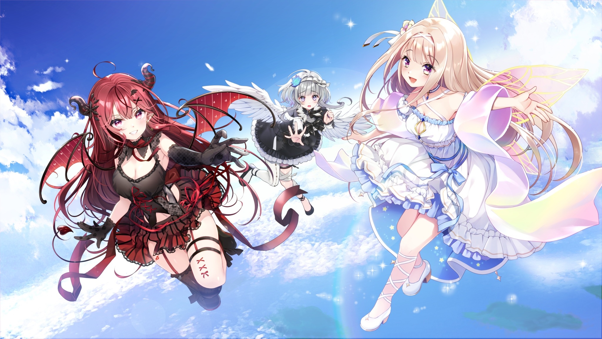 Three anime women with wings in the sky HD Wallpaper